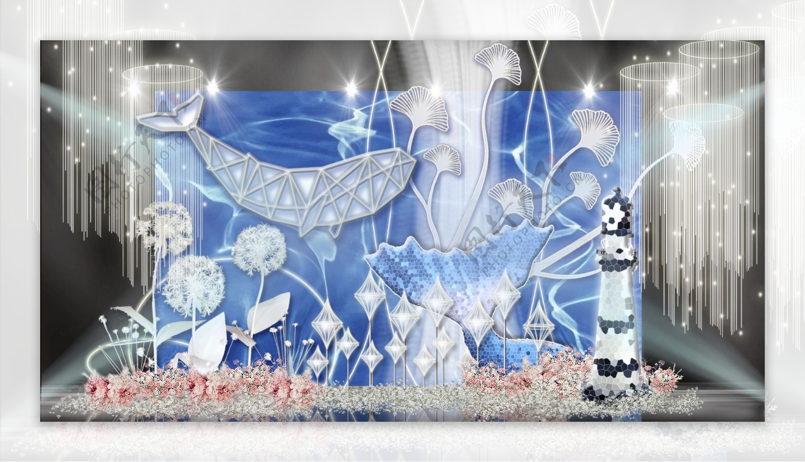 蓝色海洋灯塔鲸鱼流苏灯饰水花婚礼效果图
