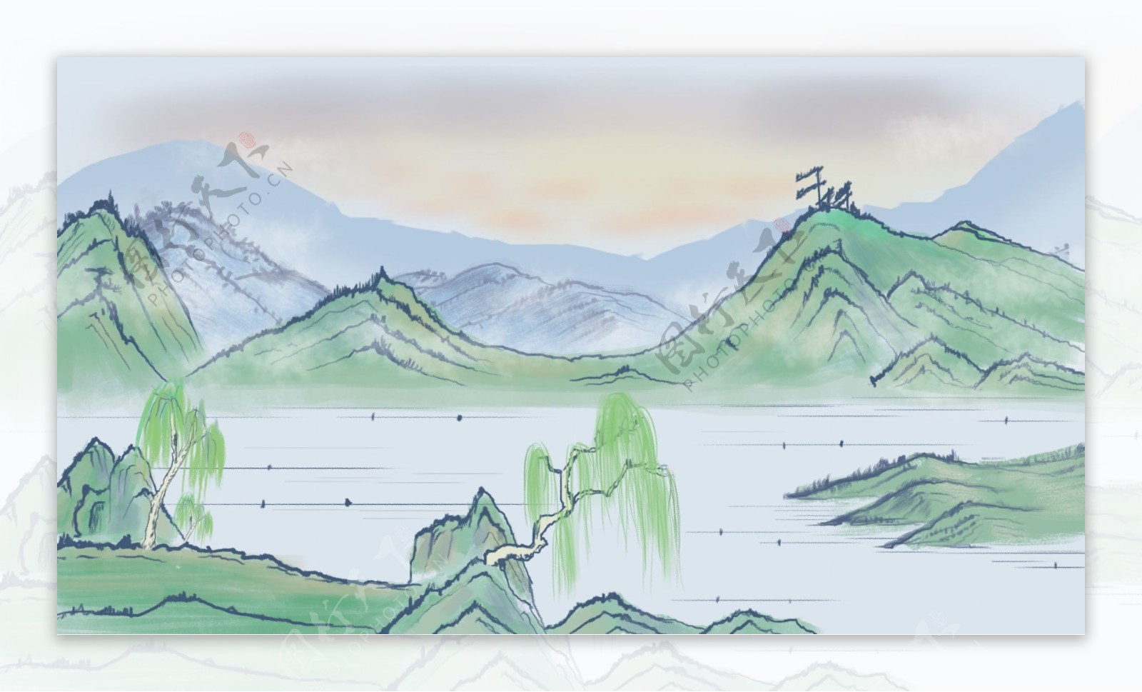 清新彩绘春季山水风景背景设计