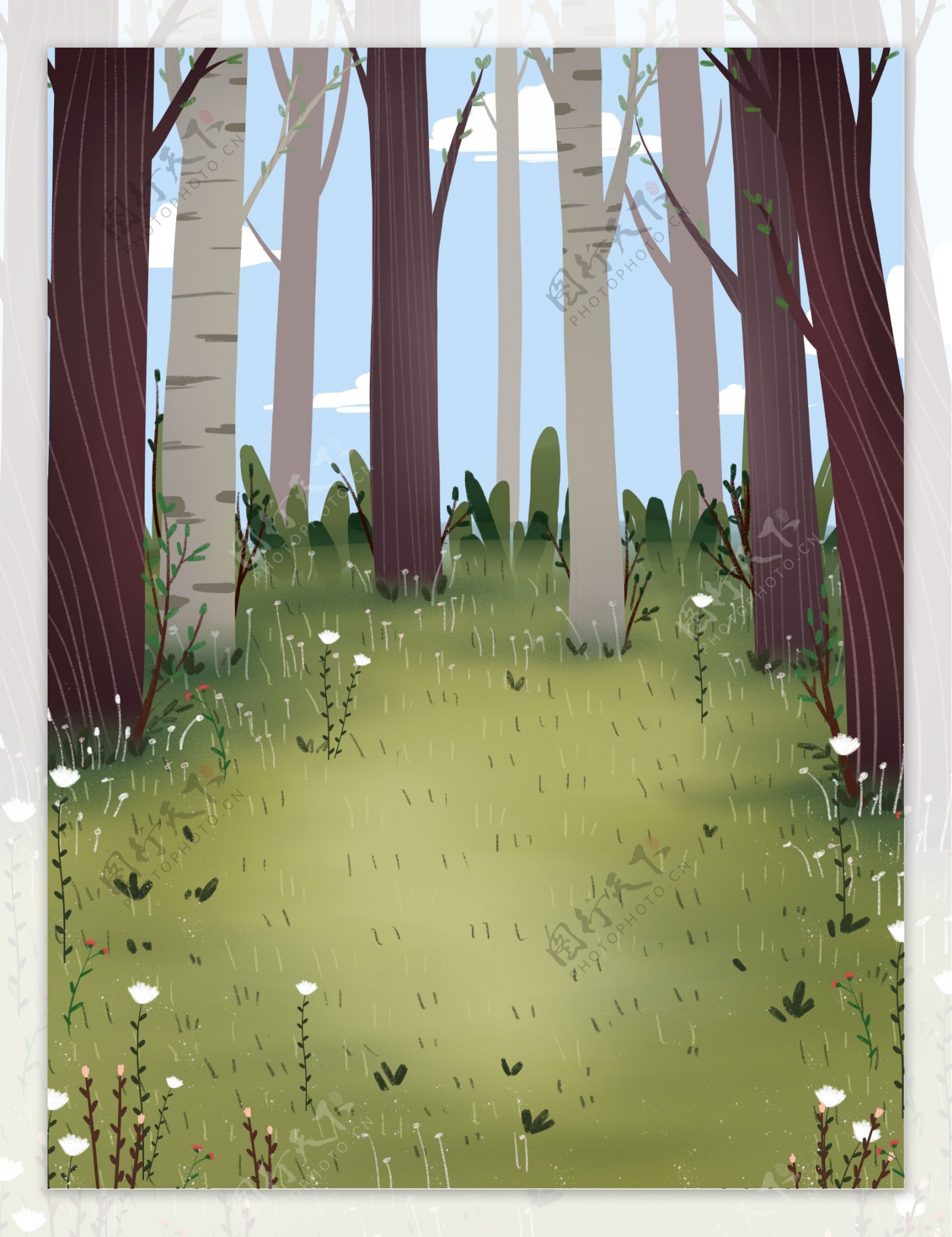 手绘卡通插画树林背景设计