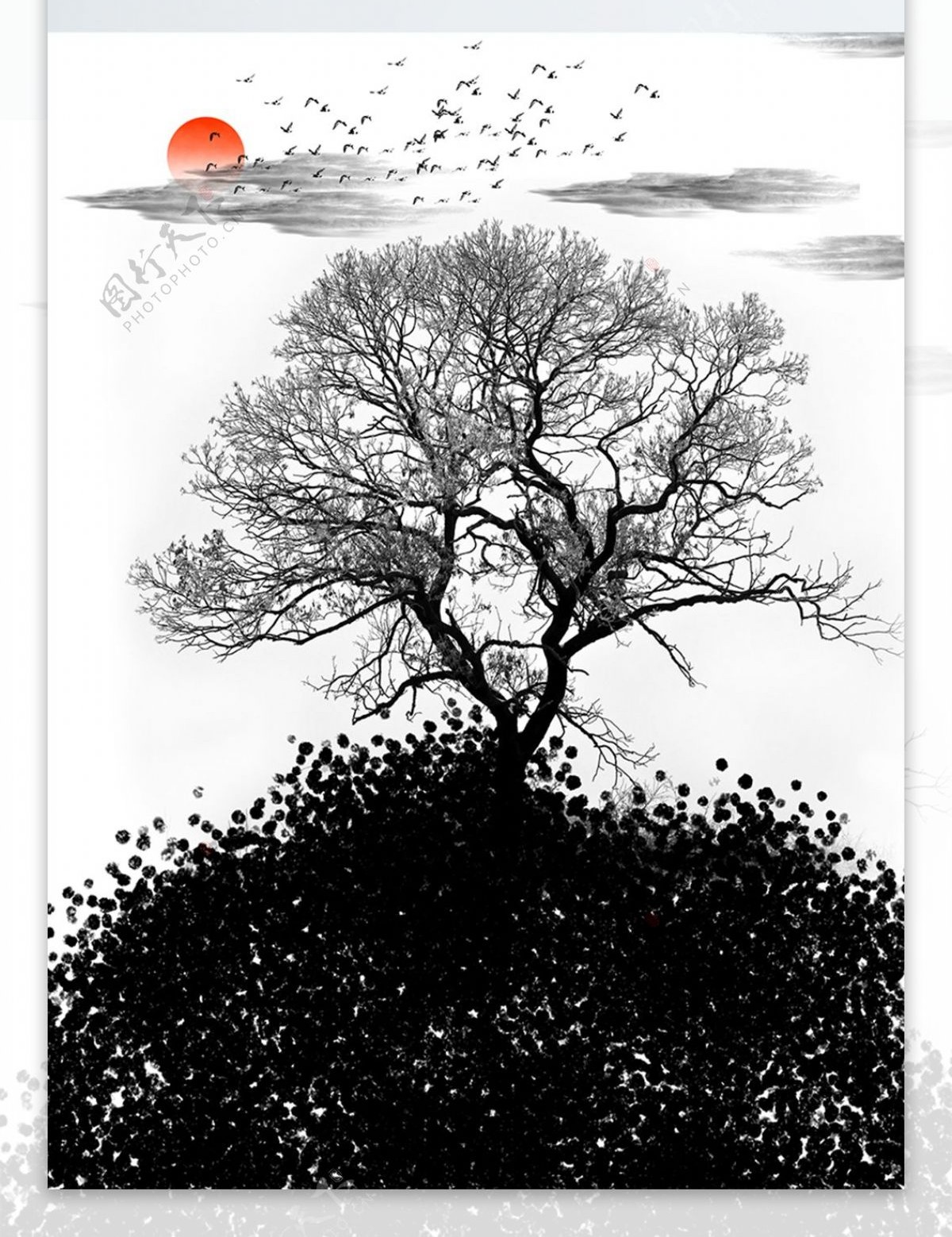 中式枯树红日飞鸟装饰画