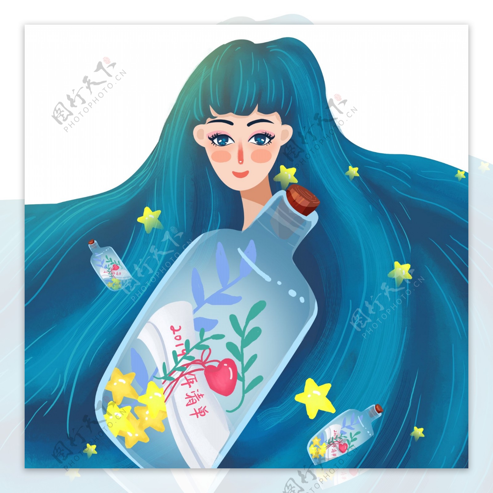 蓝色手绘梦幻少女和漂流瓶