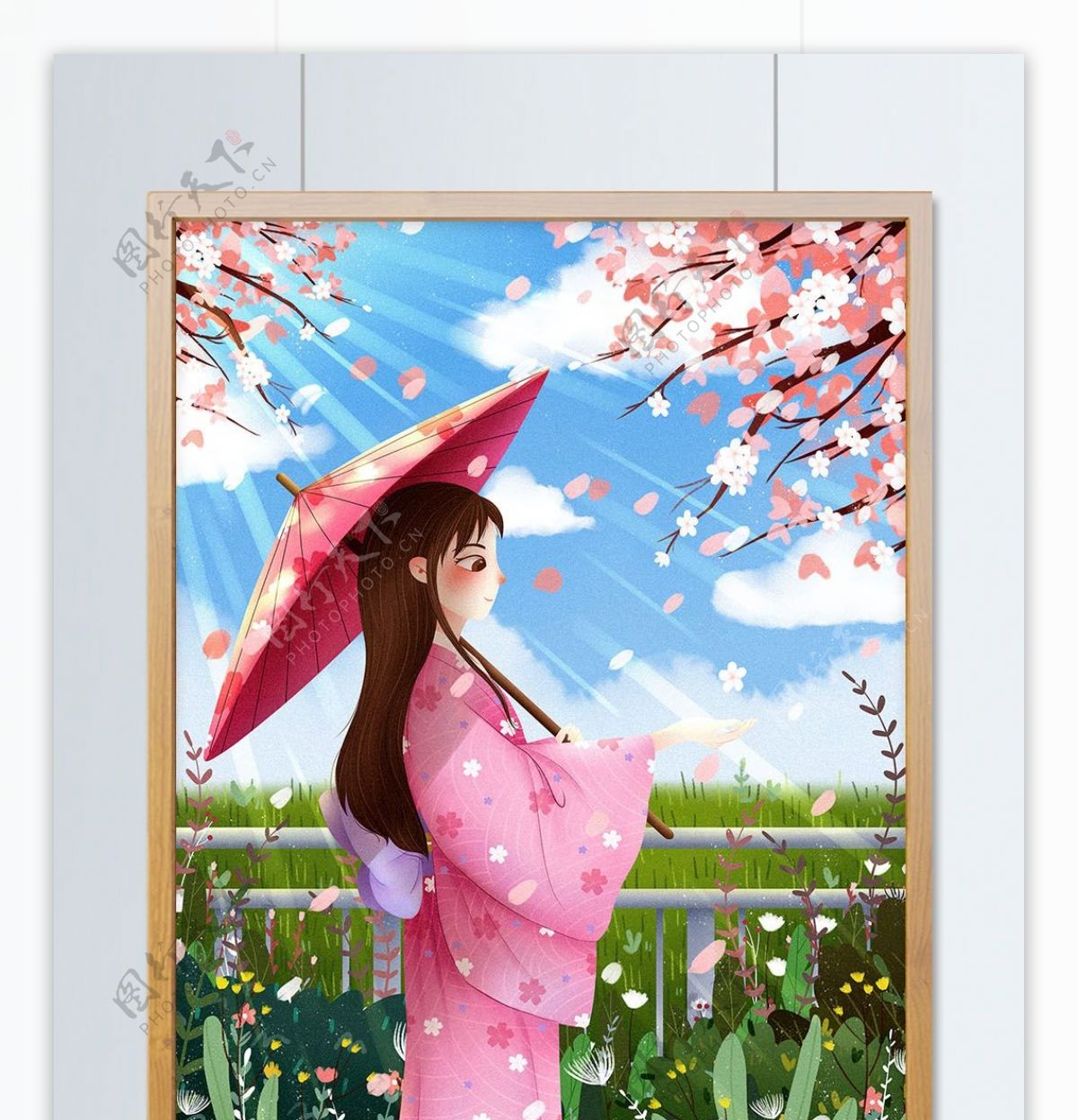 春天樱花盛开的季节赏樱花唯美树下散步插画
