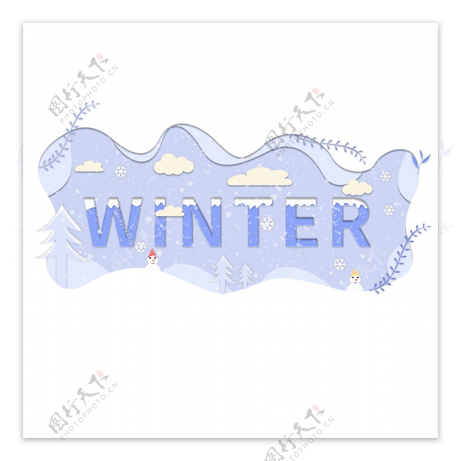 印象剪纸风WINTER冬日元素装饰图案