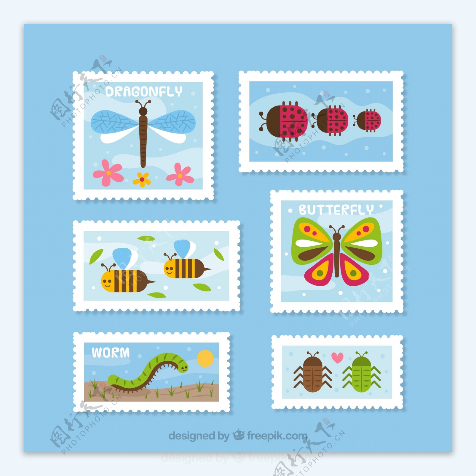 6款彩色昆虫邮票设计