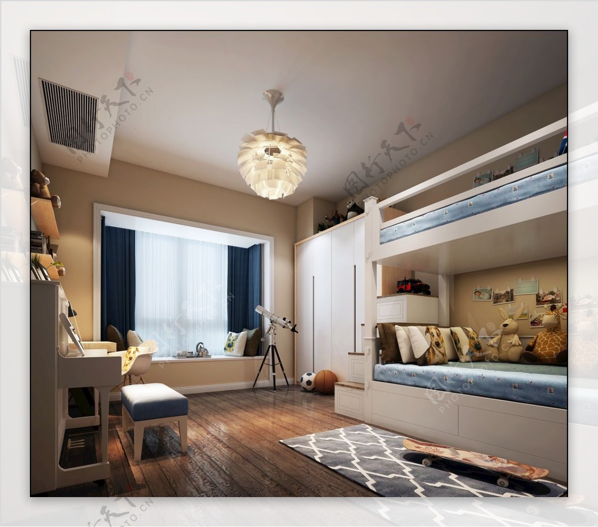 现代简约儿童房卧室效果图3D