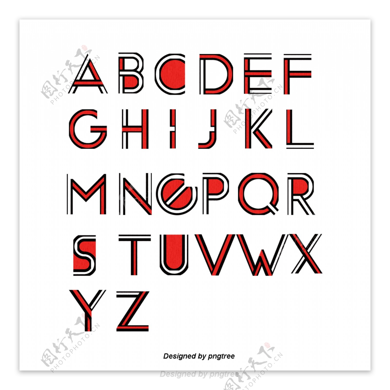 红色和黑色简单几何26英文字母艺术字母PSD格式