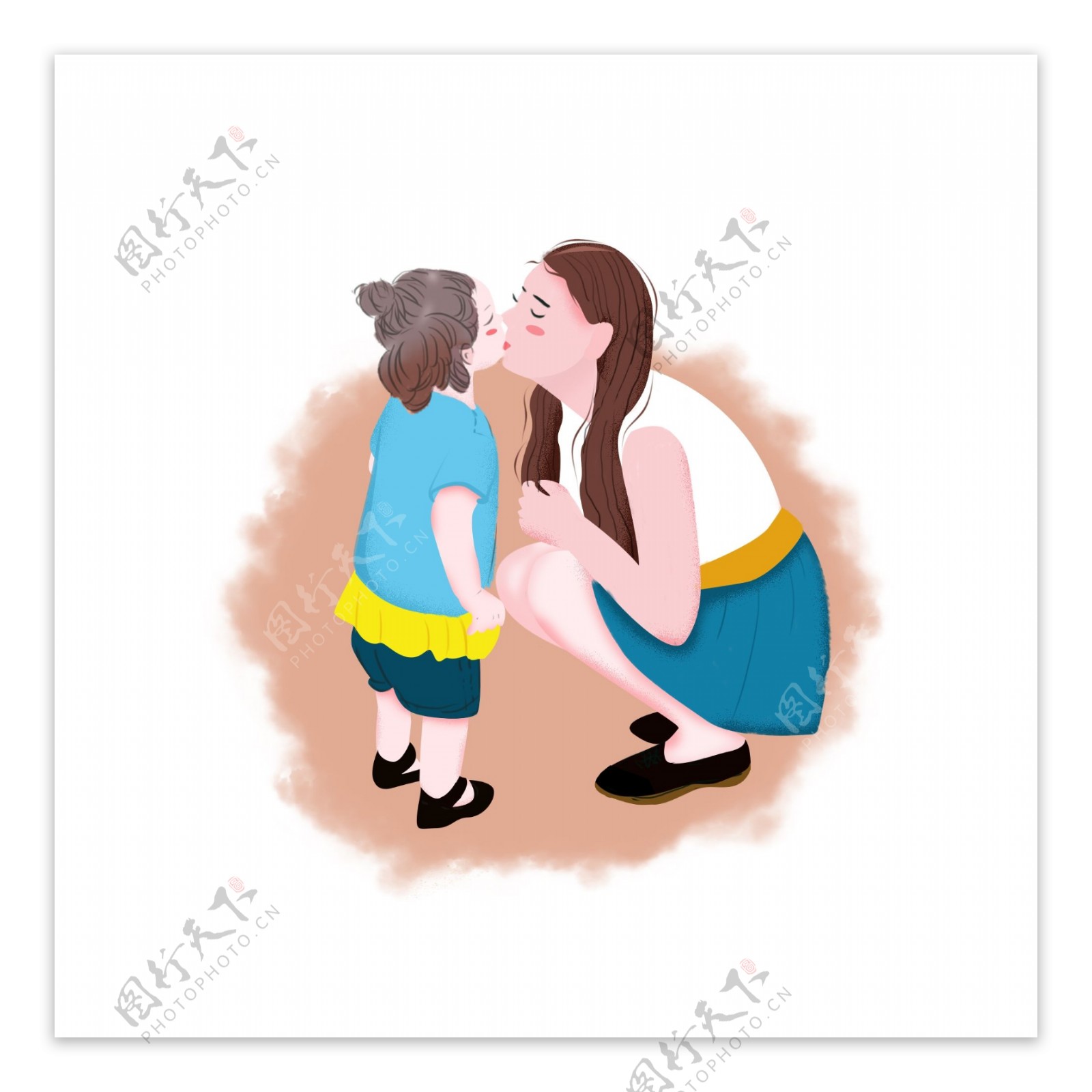 母亲亲吻孩子蓝色插画风人物元素