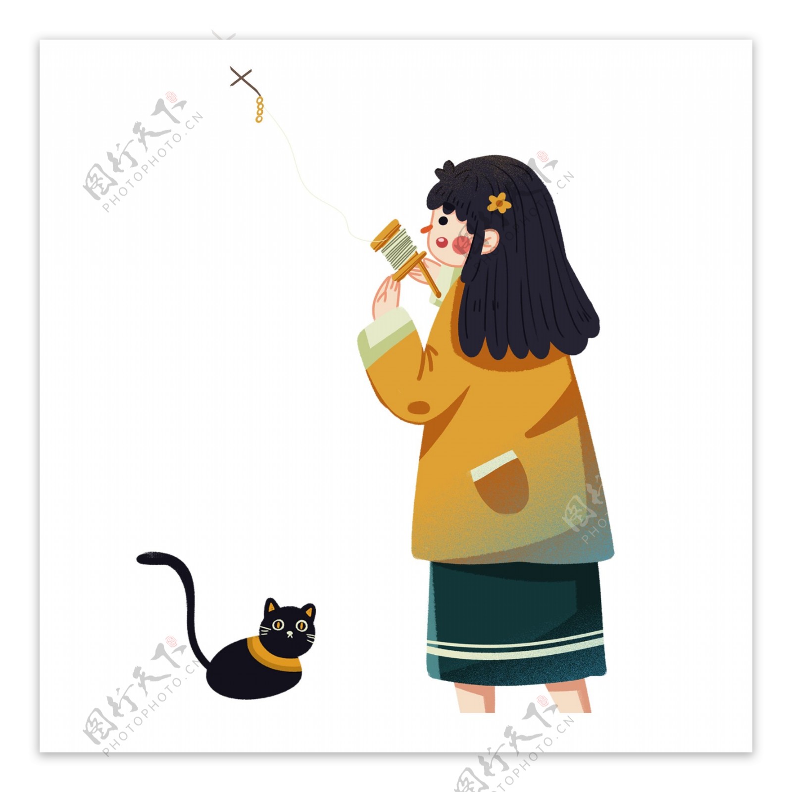手绘放风筝的少女和猫免抠元素