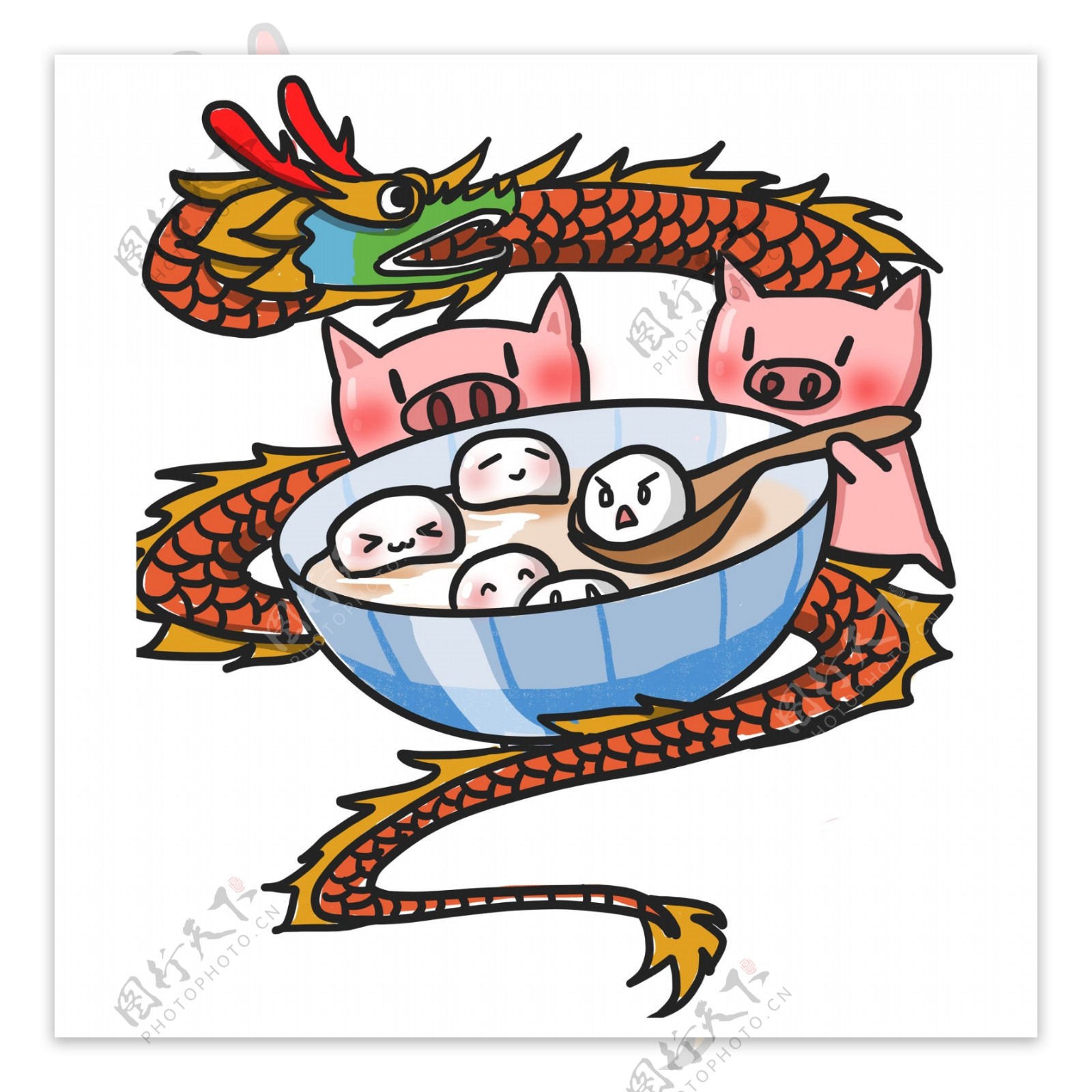 手绘元宵节舞狮小猪装饰素材