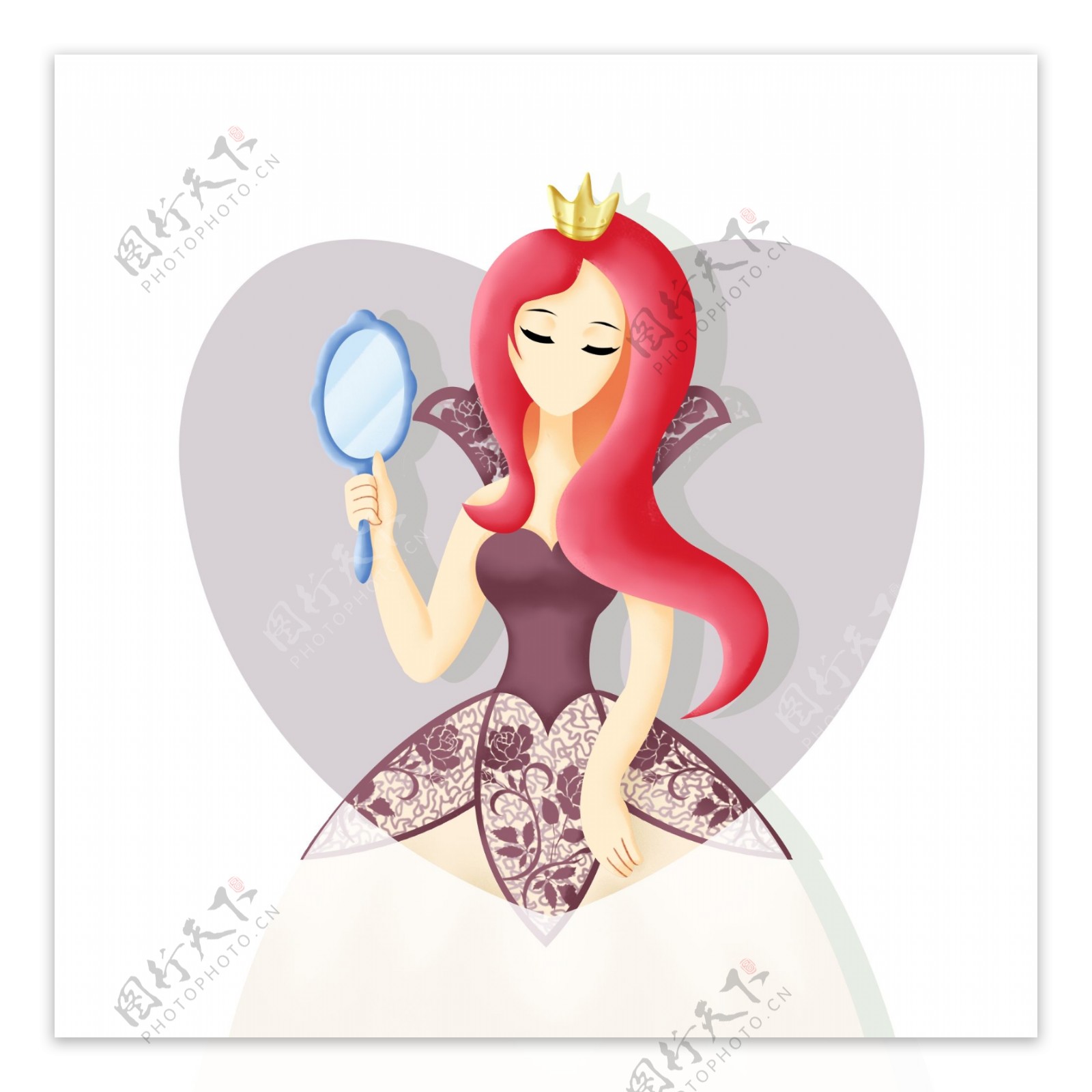卡通三八女王节妇女节拿镜子红发女王形象