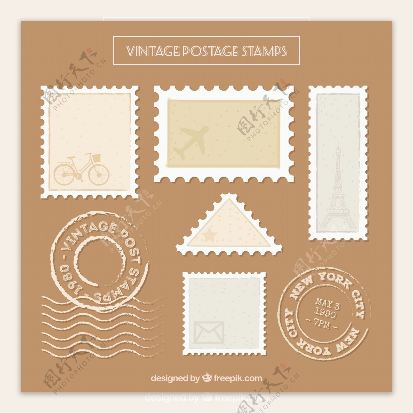 7款复古邮票和邮戳矢量素材