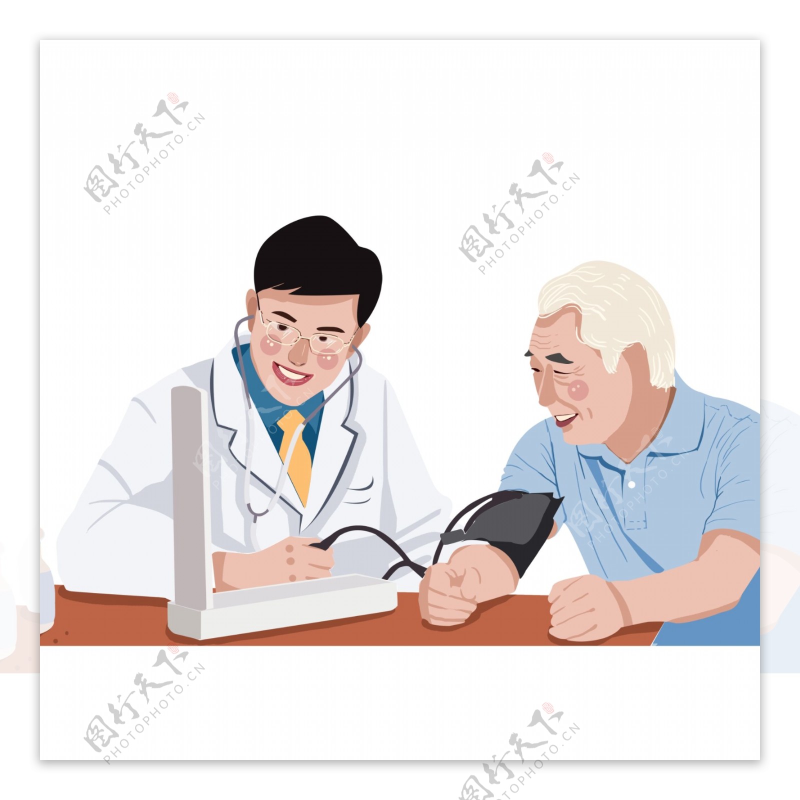 卡通手绘医生给老人量血压