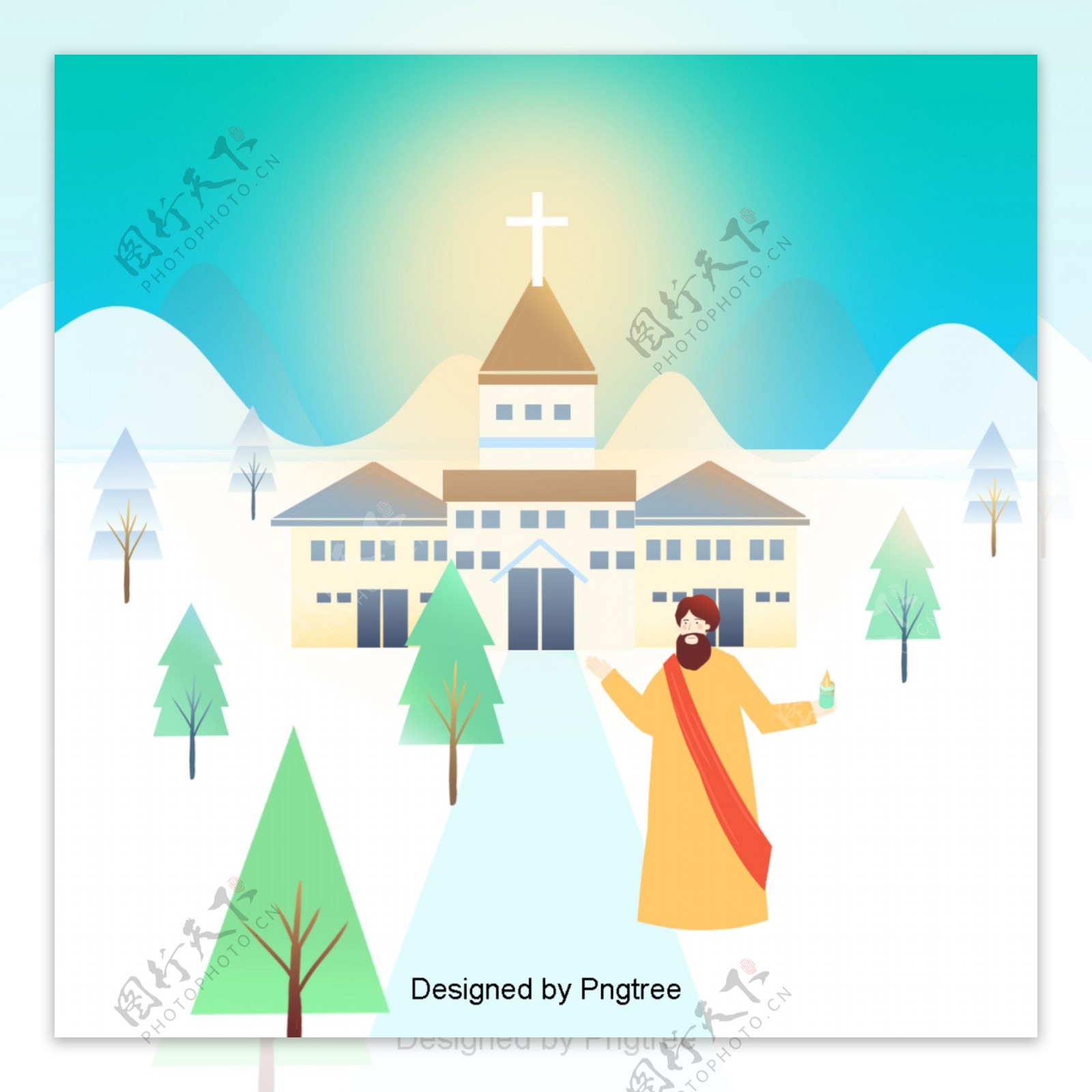 蓝色阳光公寓冬天基督教堂的插图背景