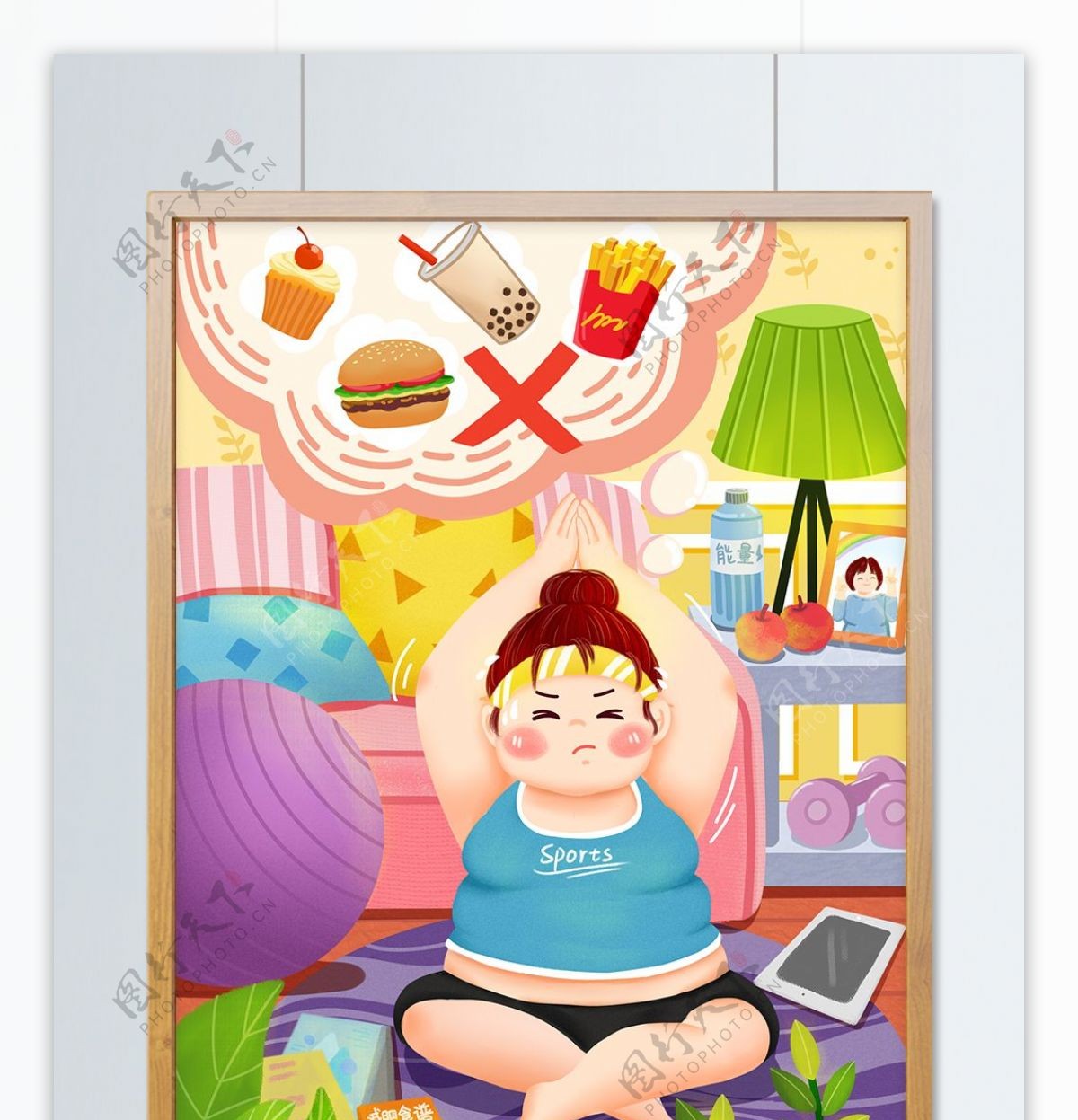 燃烧卡路里胖女孩瑜伽运动减肥清新手绘插画