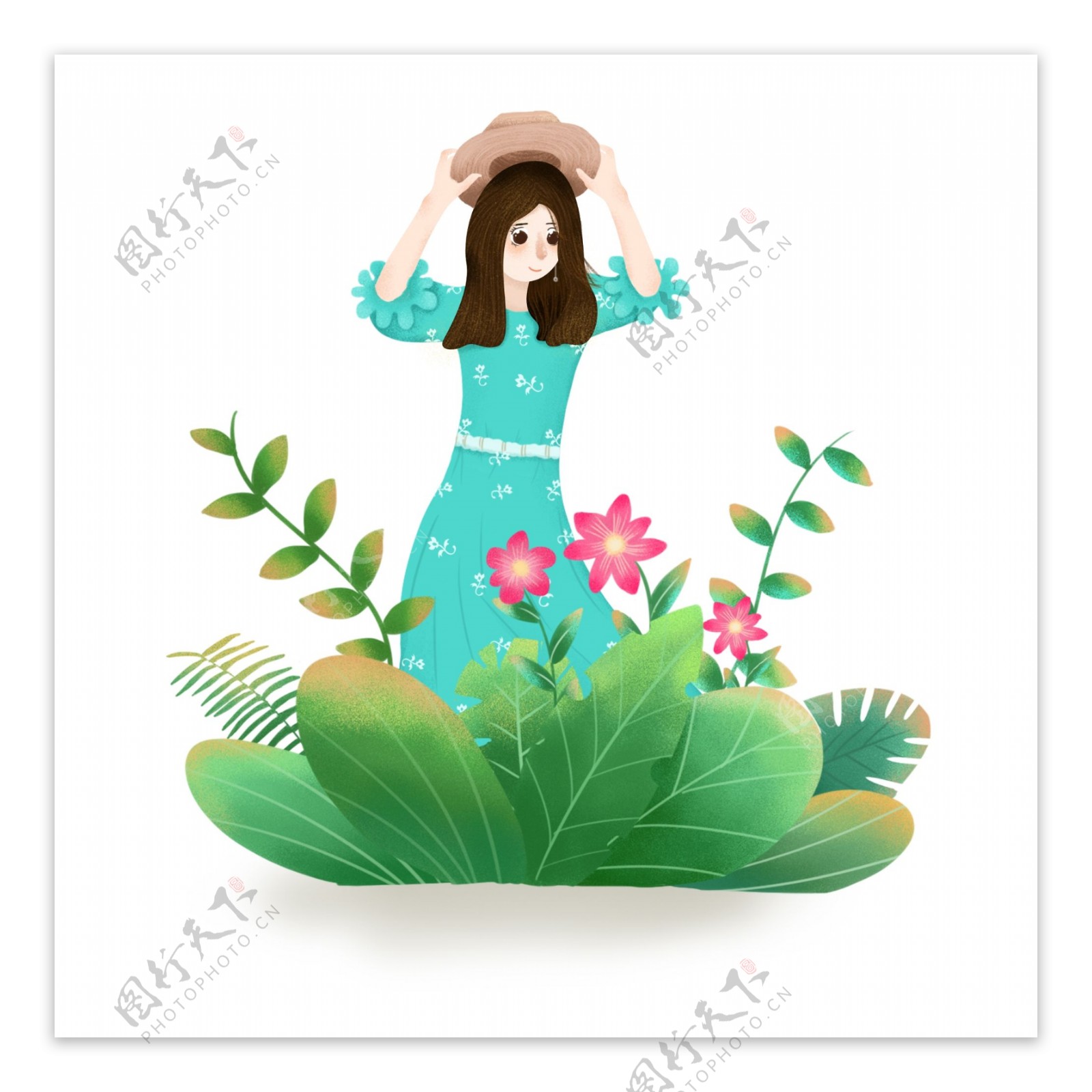 手绘春天绿植鲜花站着的女孩人物元素