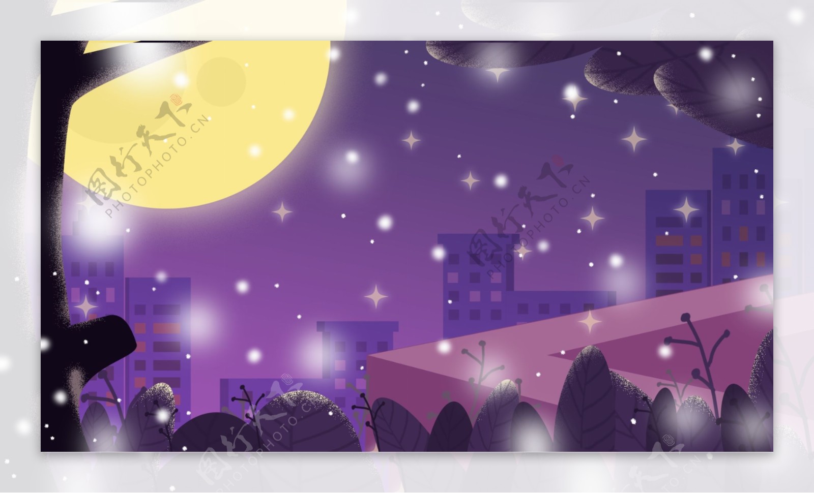 彩绘紫色星空圆月晚安背景设计