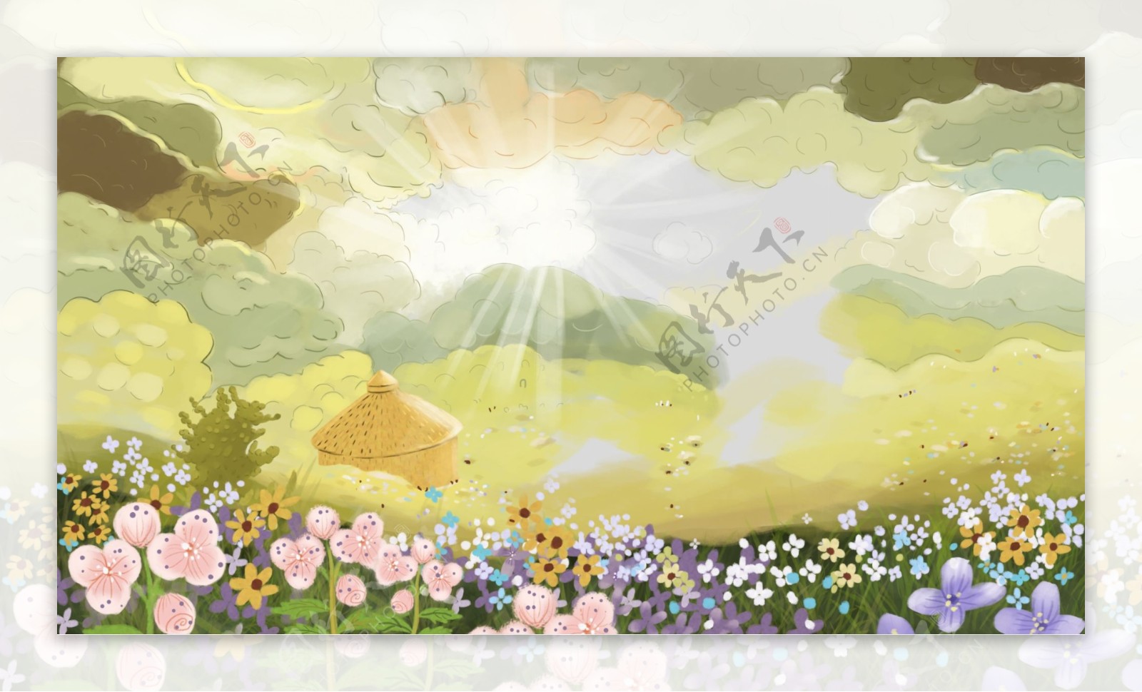 彩绘山上花丛阳光背景设计