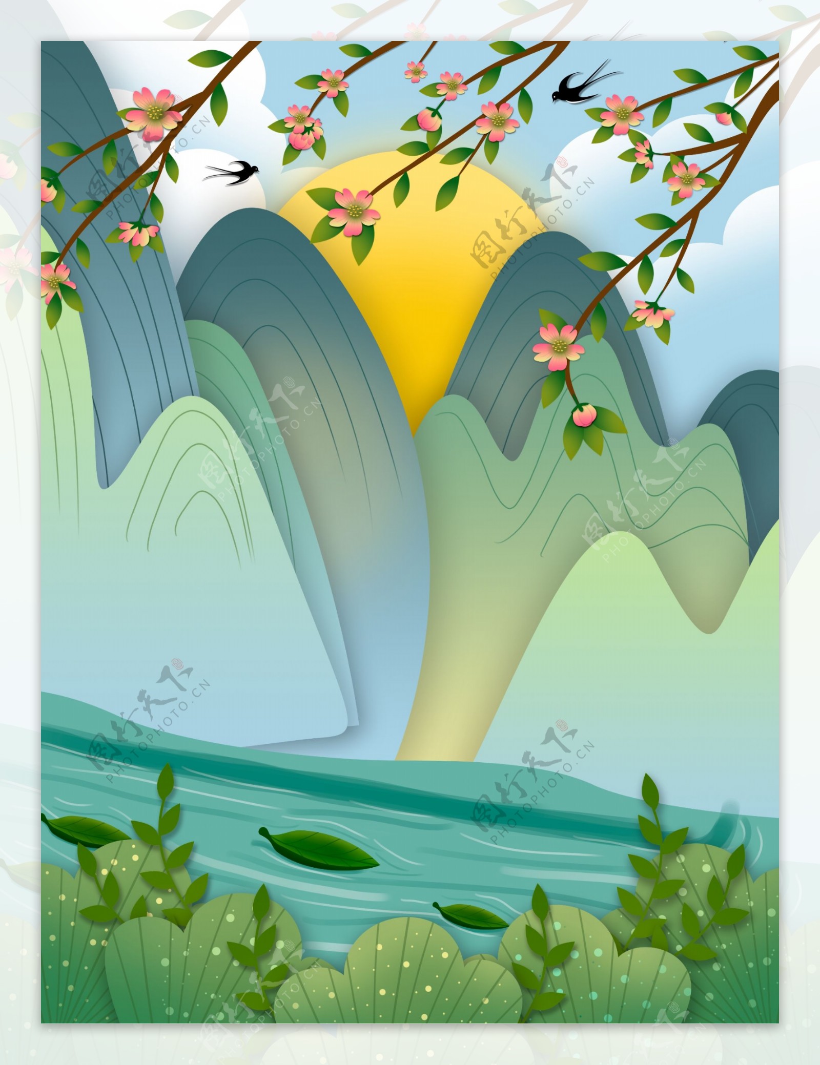 彩绘春季山峰湖面背景设计