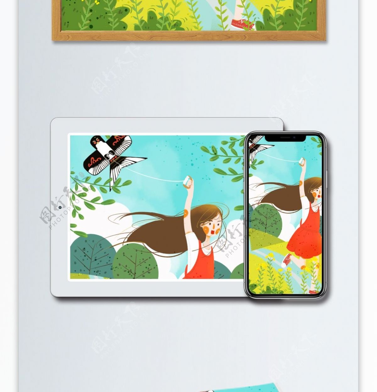 绿色小清新二十四节气春分放风筝的女孩插画