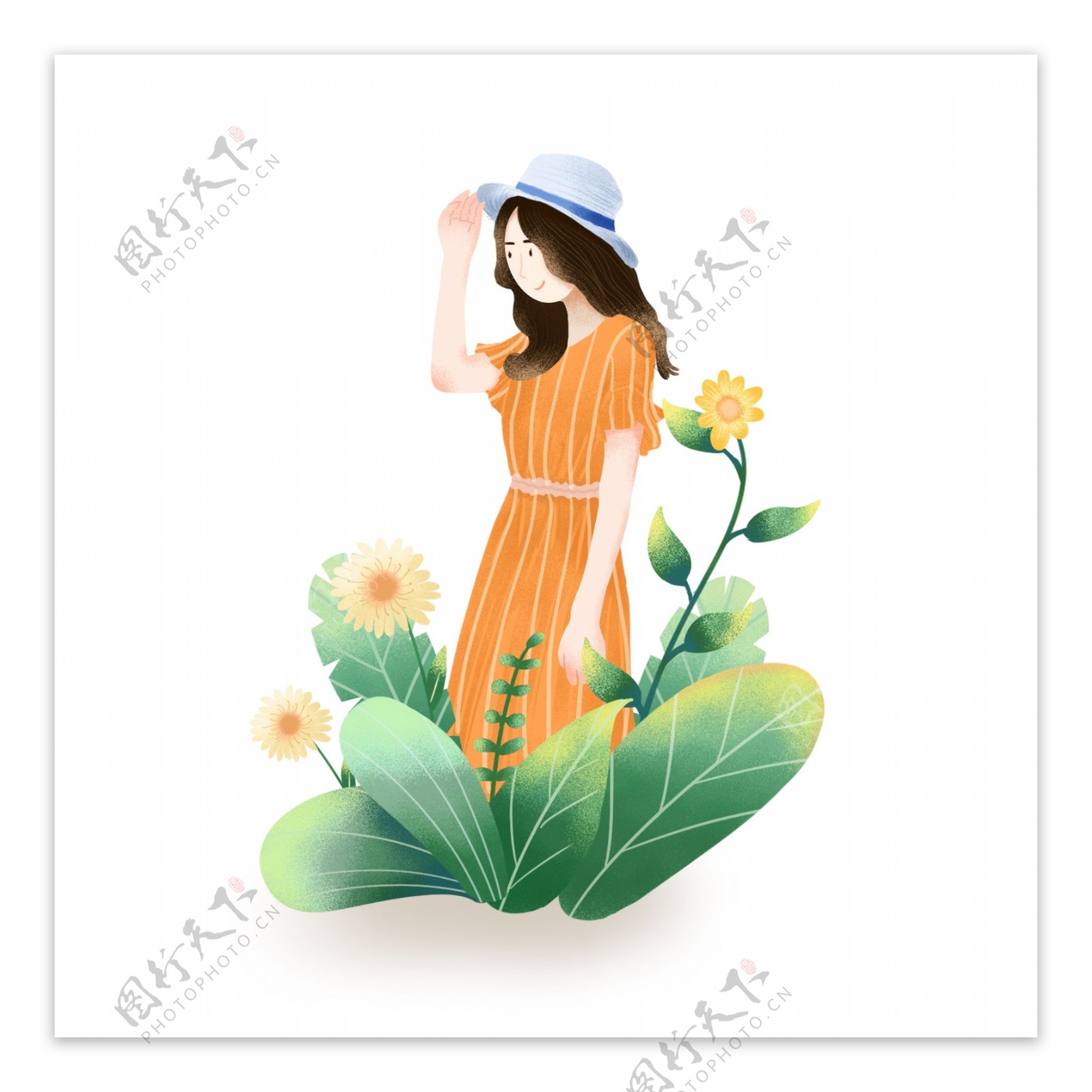 手绘春天植物鲜花装饰草地里站着的长裙女孩