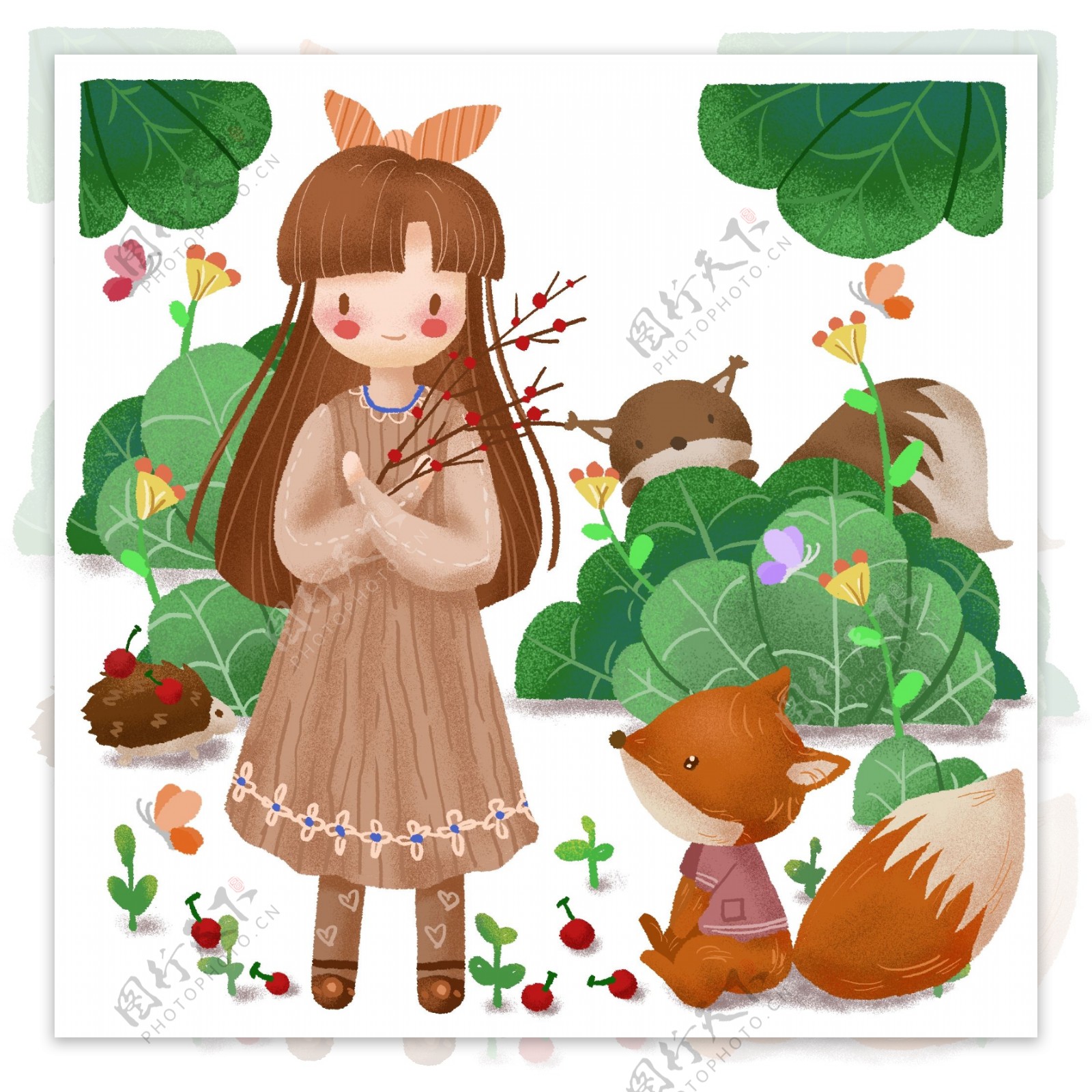 手绘卡通可爱女孩和森林动物狐狸