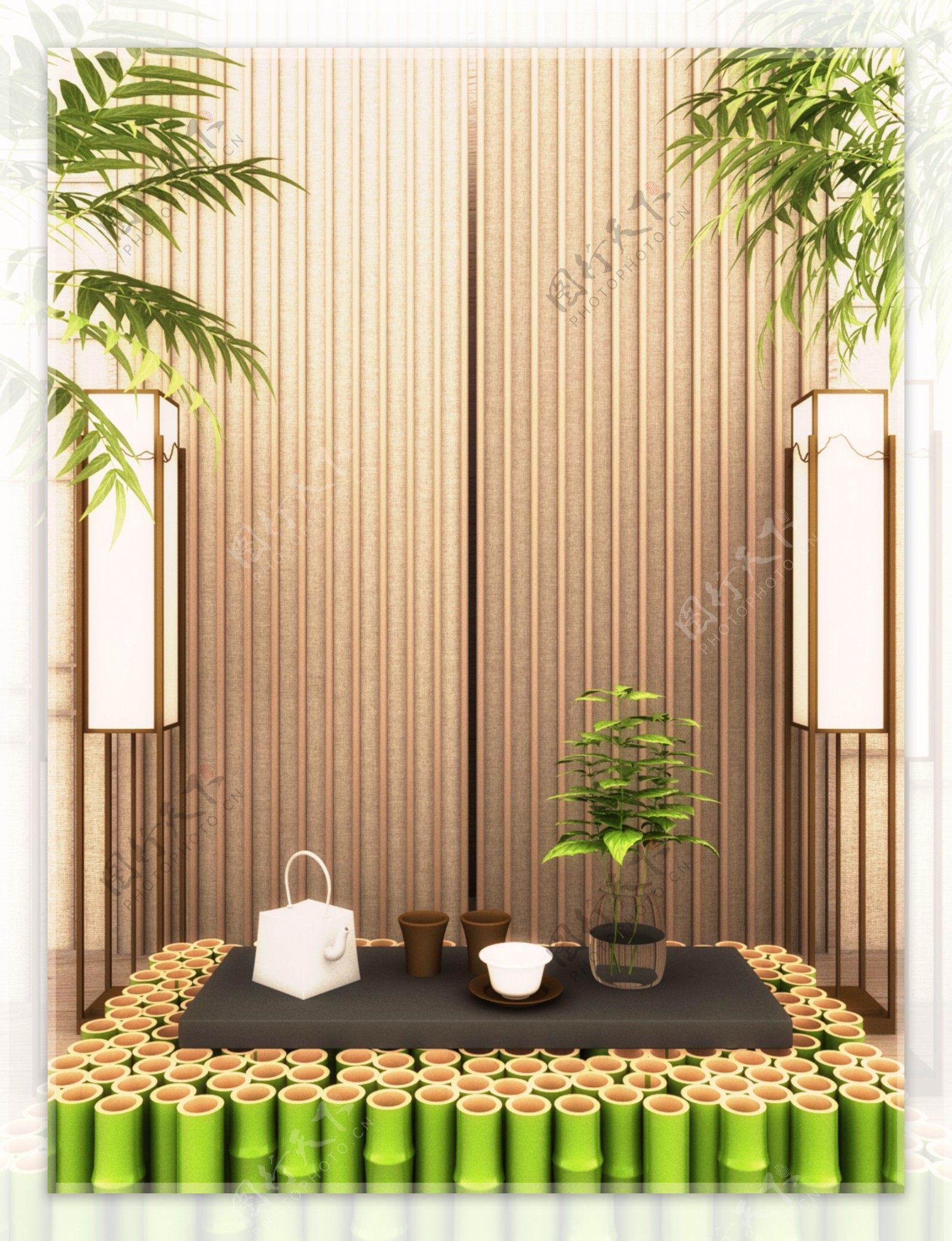 原创写实风格自然竹子茶道文化创意3D背景