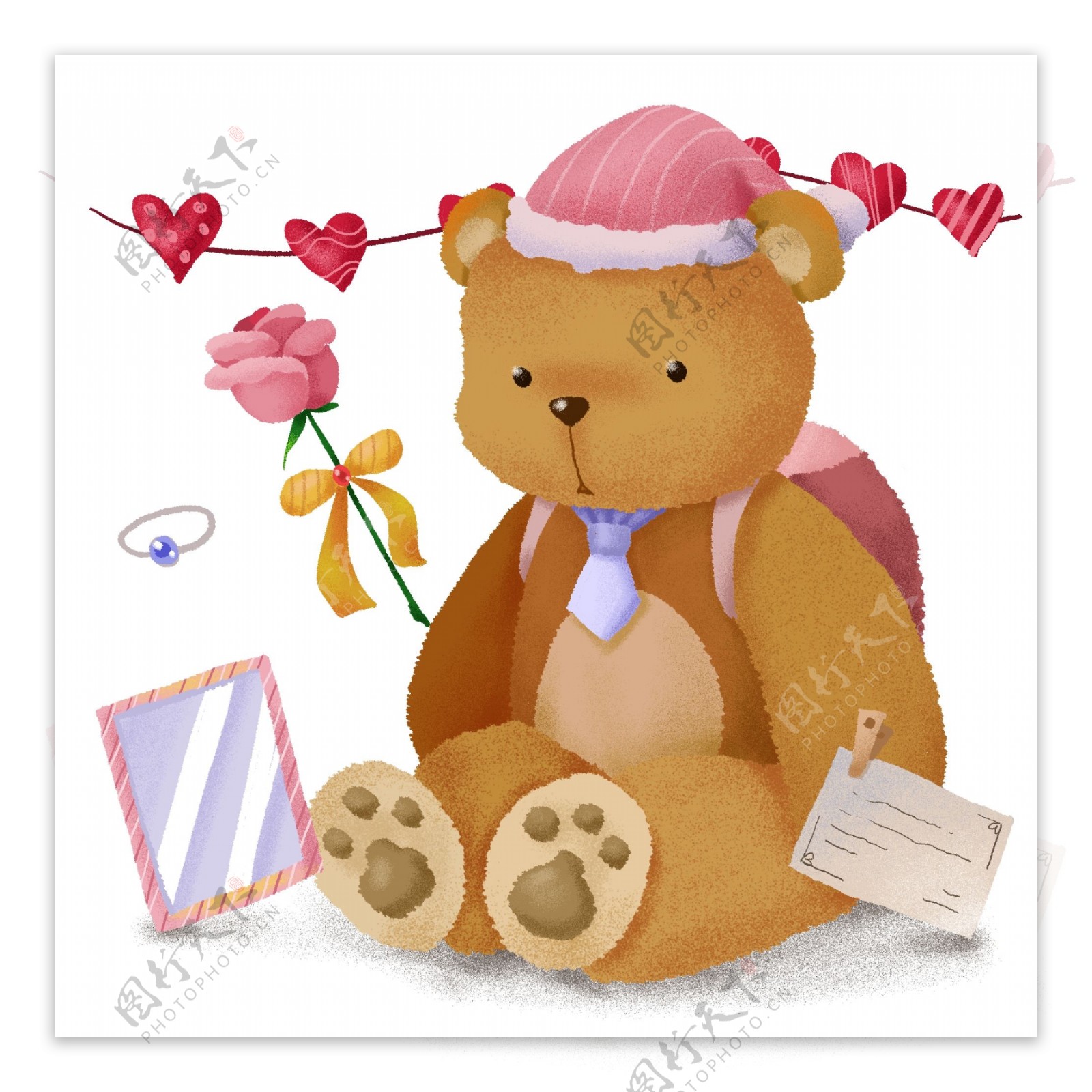手绘可爱泰迪熊玫瑰花明信片送女孩礼物