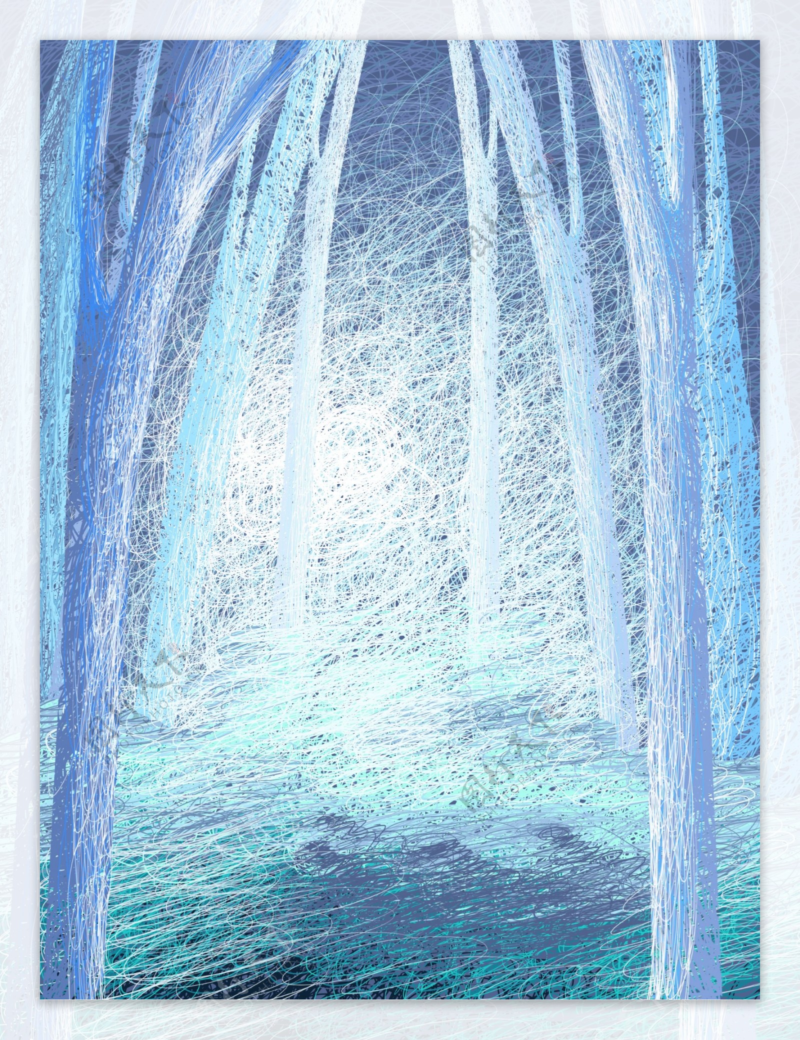 手绘线圈蓝色树林背景设计