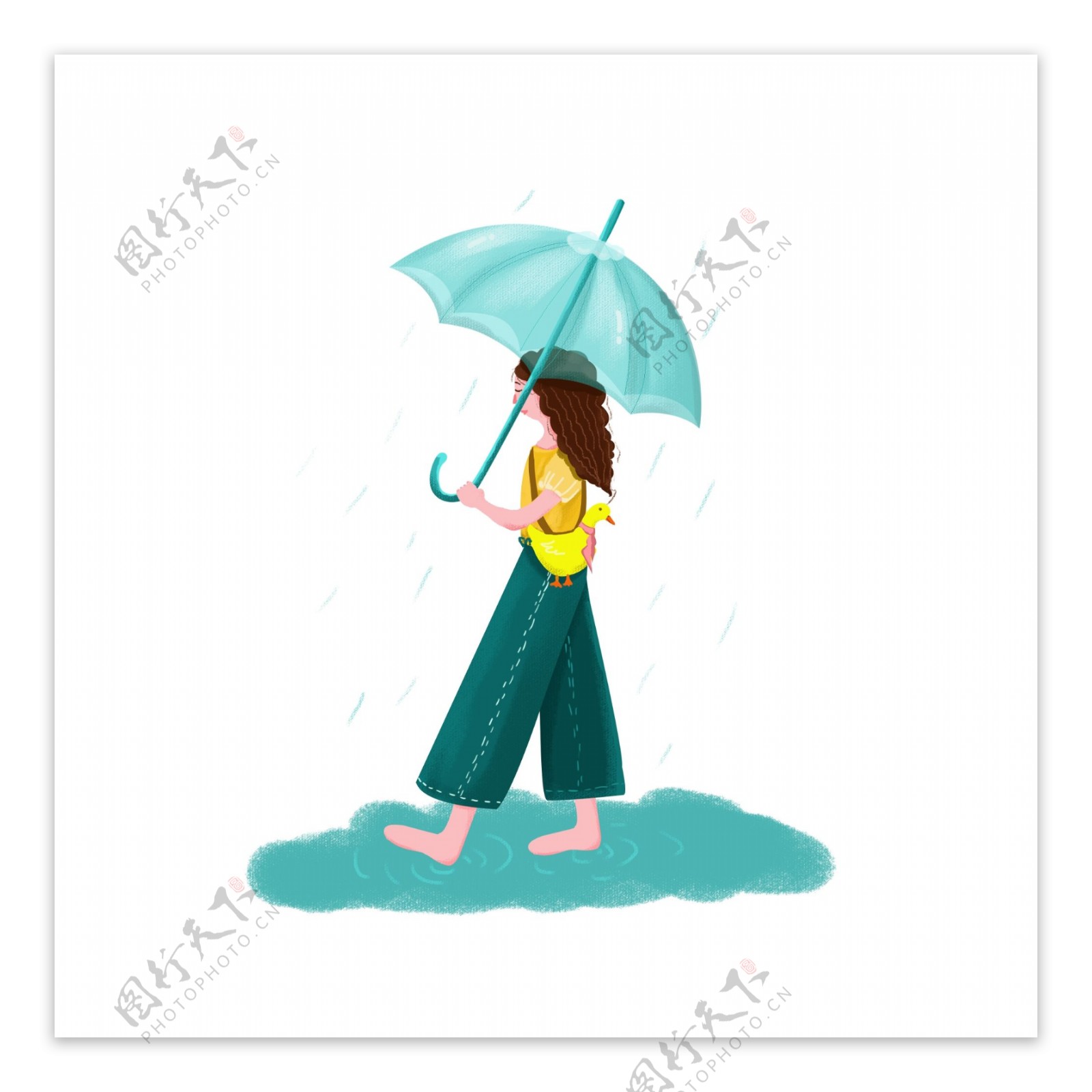 雨天雨伞女孩打伞手绘风人物元素