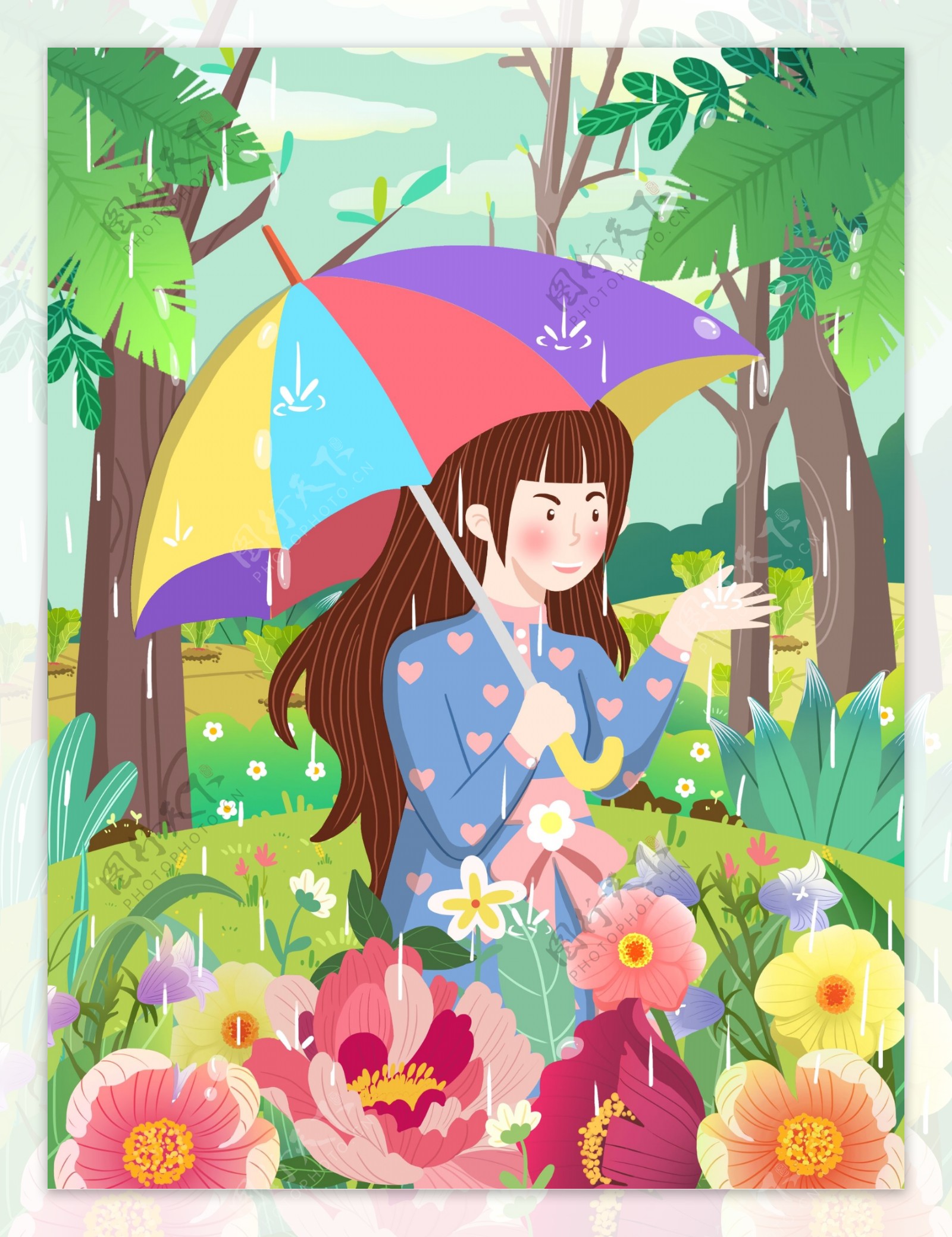 谷雨节气女孩打彩虹伞赏雨
