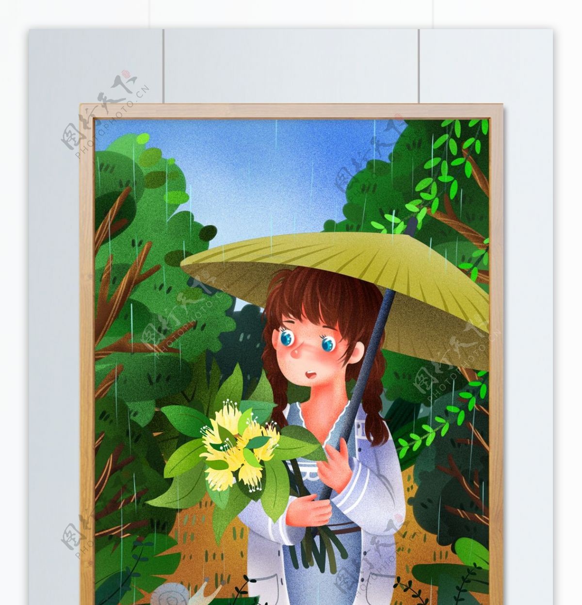 清明时节雨纷纷抱着菊花的女孩清新原创插画