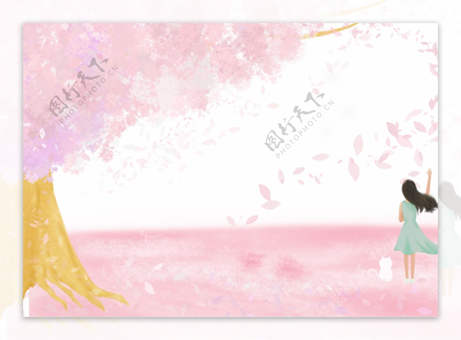粉色樱花树与花海主题边框
