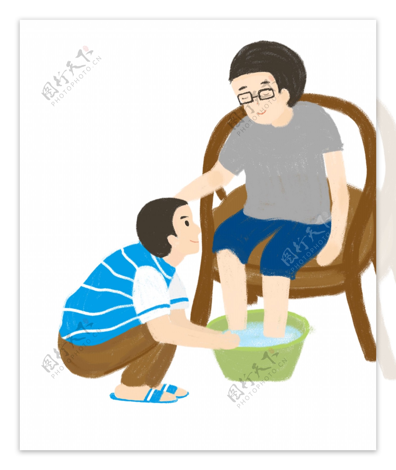 卡通手绘父亲节帮父亲洗脚插画