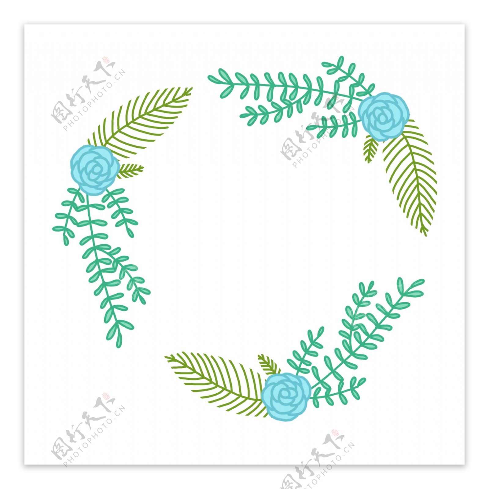 蓝色绿色手绘花朵树叶装饰标题框