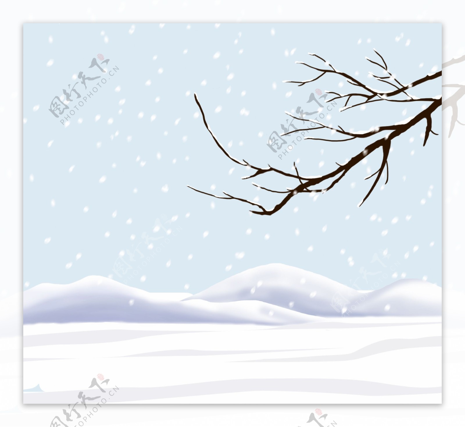 冬季雪中的远山和树枝PNG图