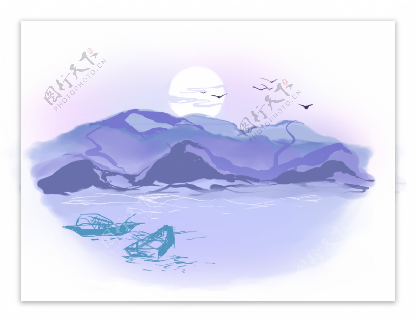 蓝紫色月下山水风景原创手绘插图