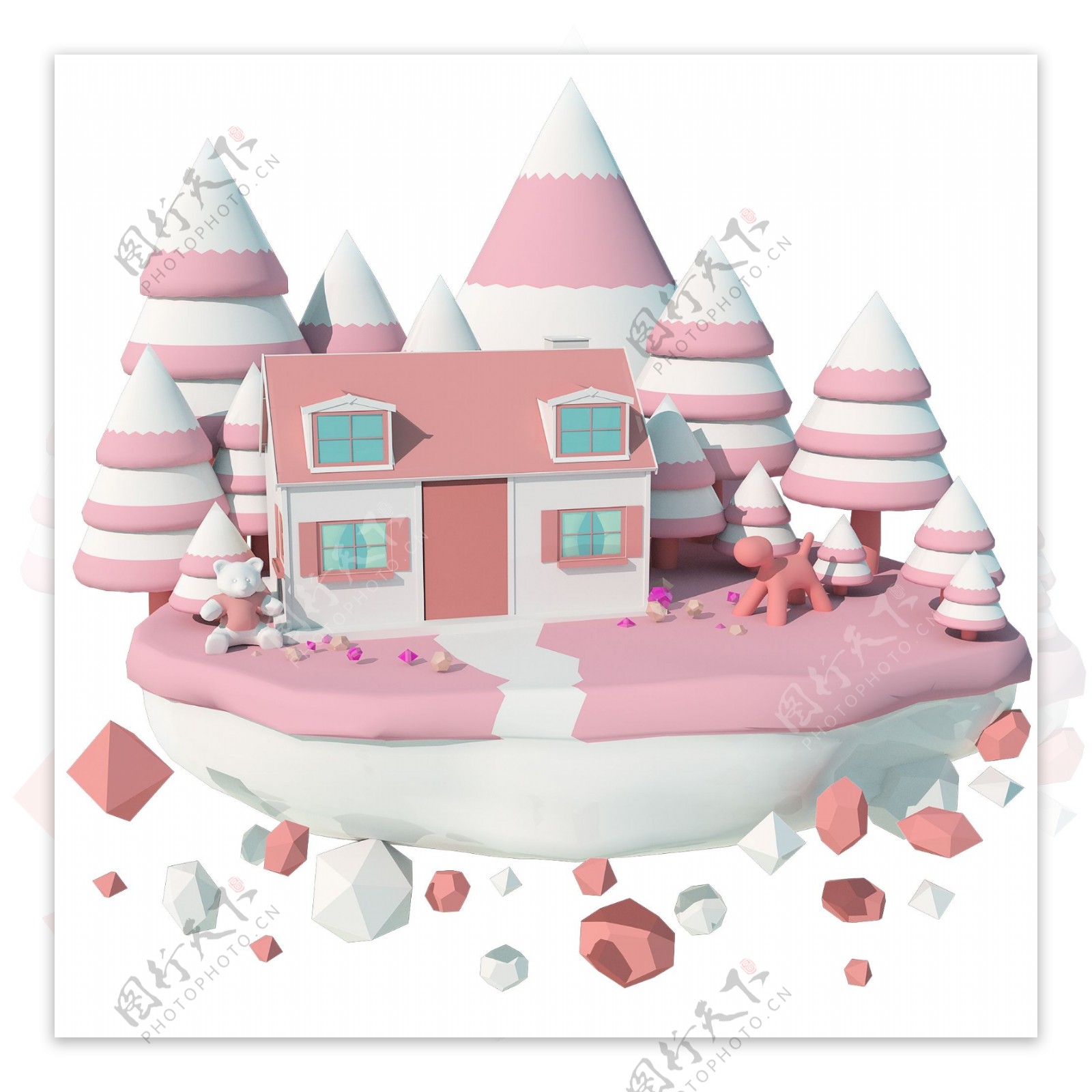 粉色梦幻3D卡通小房子立体C4D