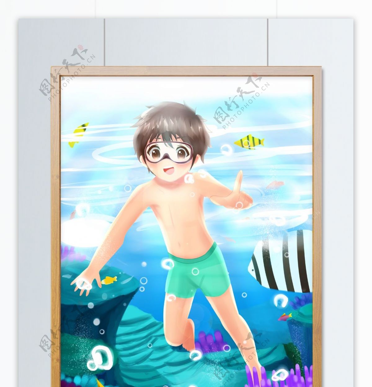原创手绘插画立夏男孩在海里游泳避暑