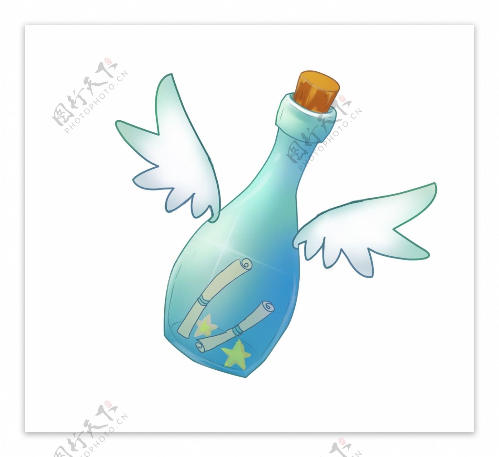 蓝色翅膀漂流瓶插画