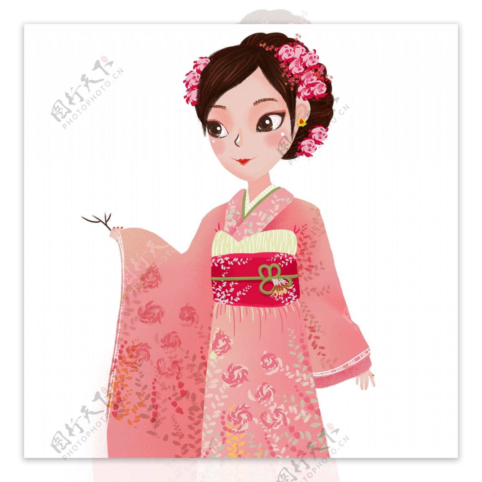清新手绘穿和服的日本女人