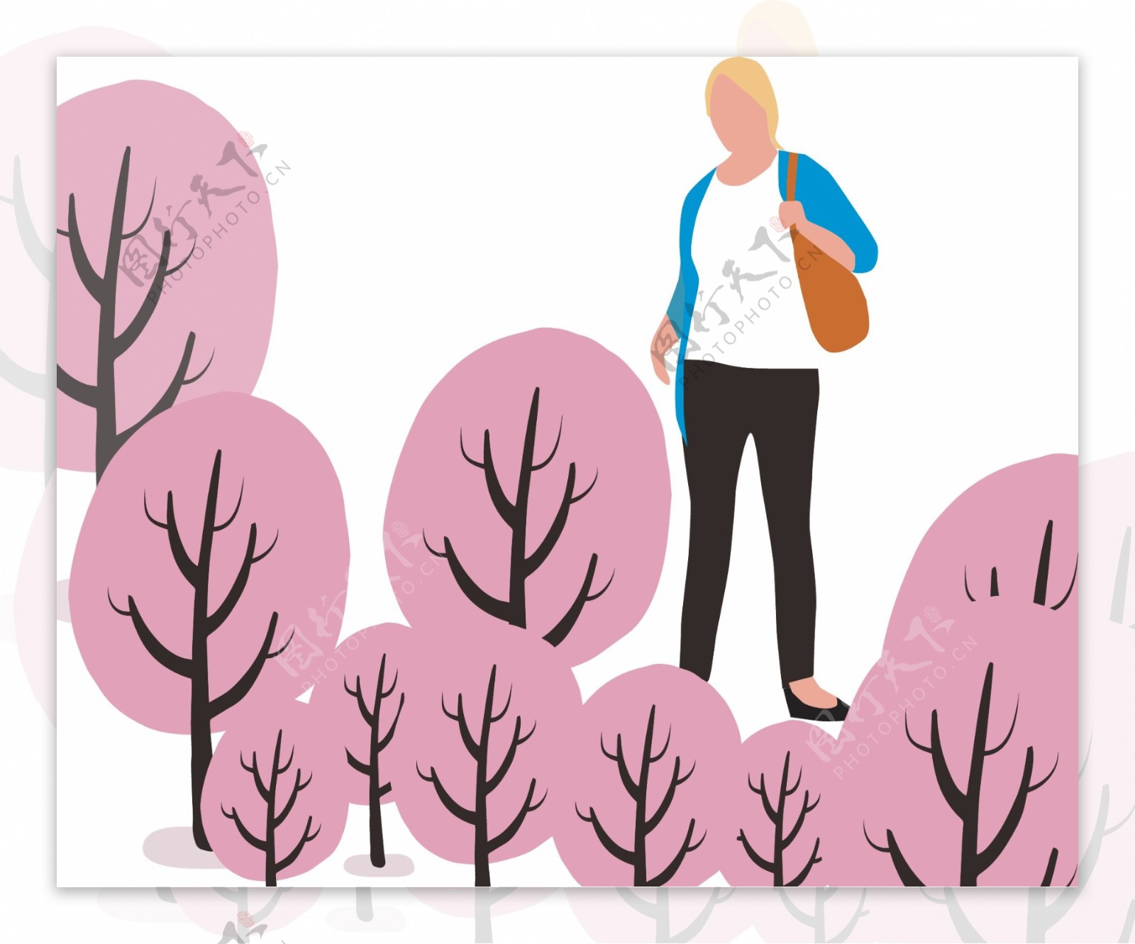 扁平化粉色树丛中站立女人