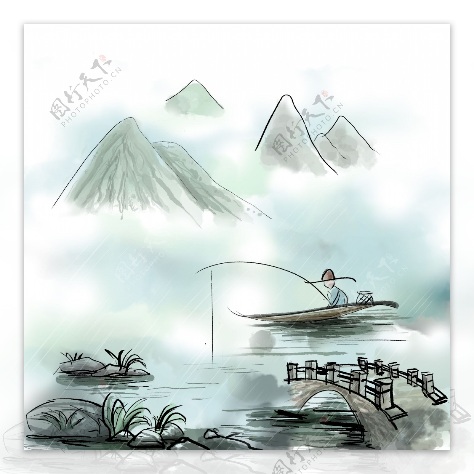 山水主题清明细雨卡通手绘