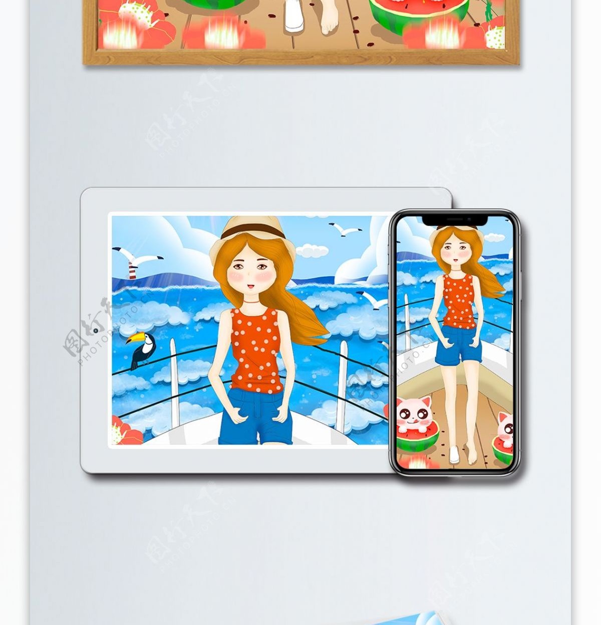 立夏之海边度假的女孩扁平风插画