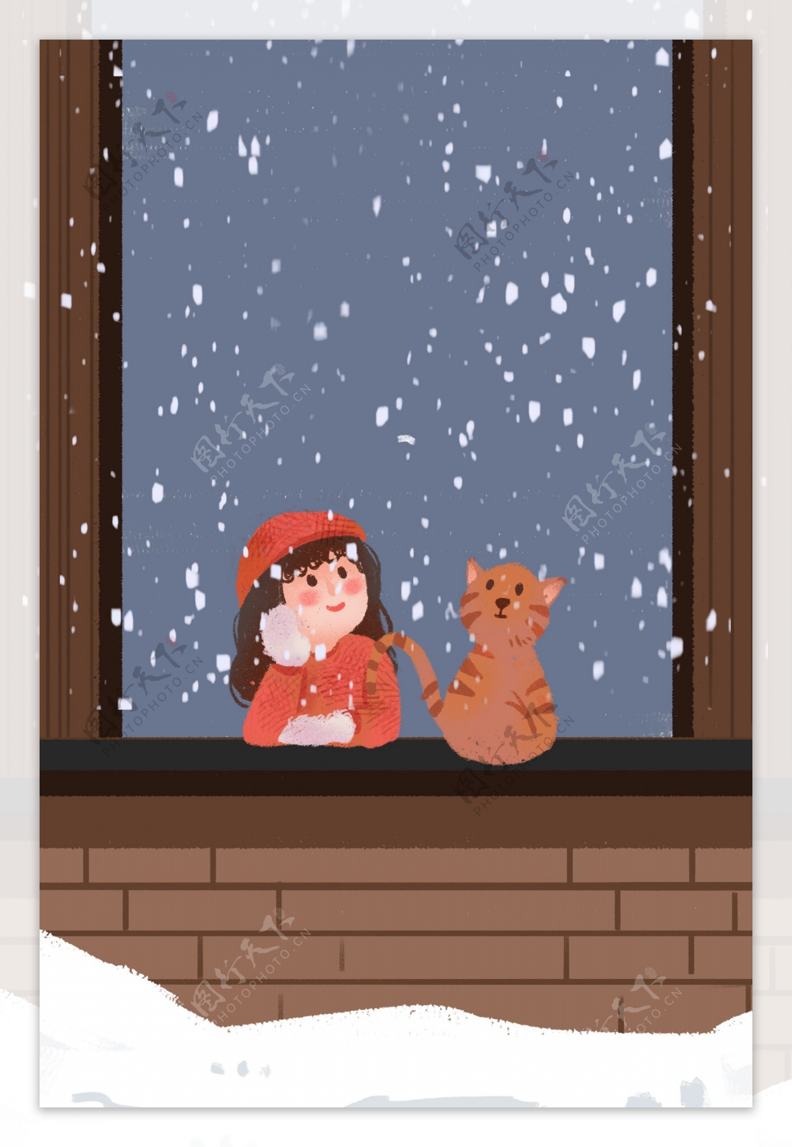 冬日窗前看雪女孩和猫插画海报