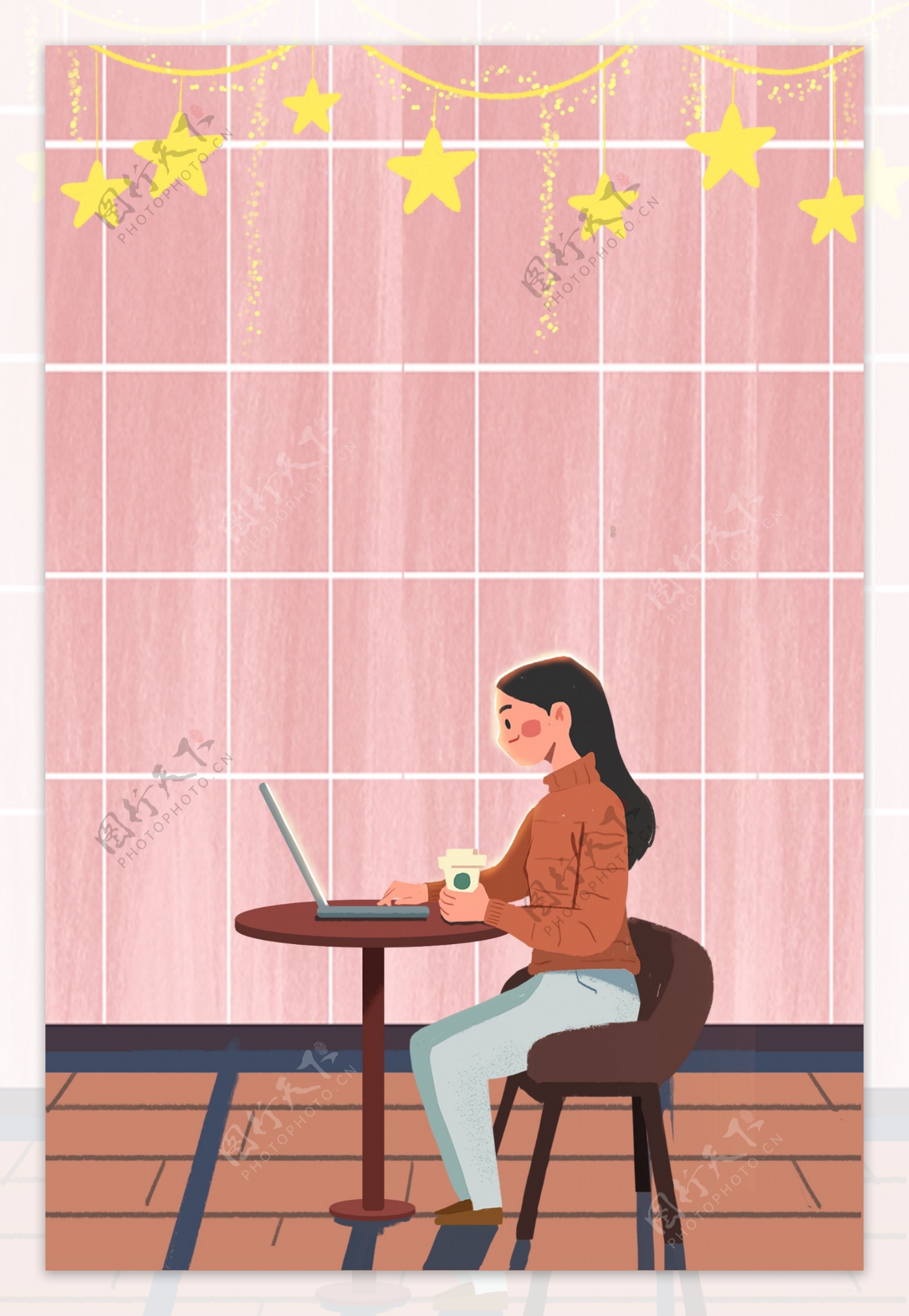 咖啡馆工作的女性插画风海报