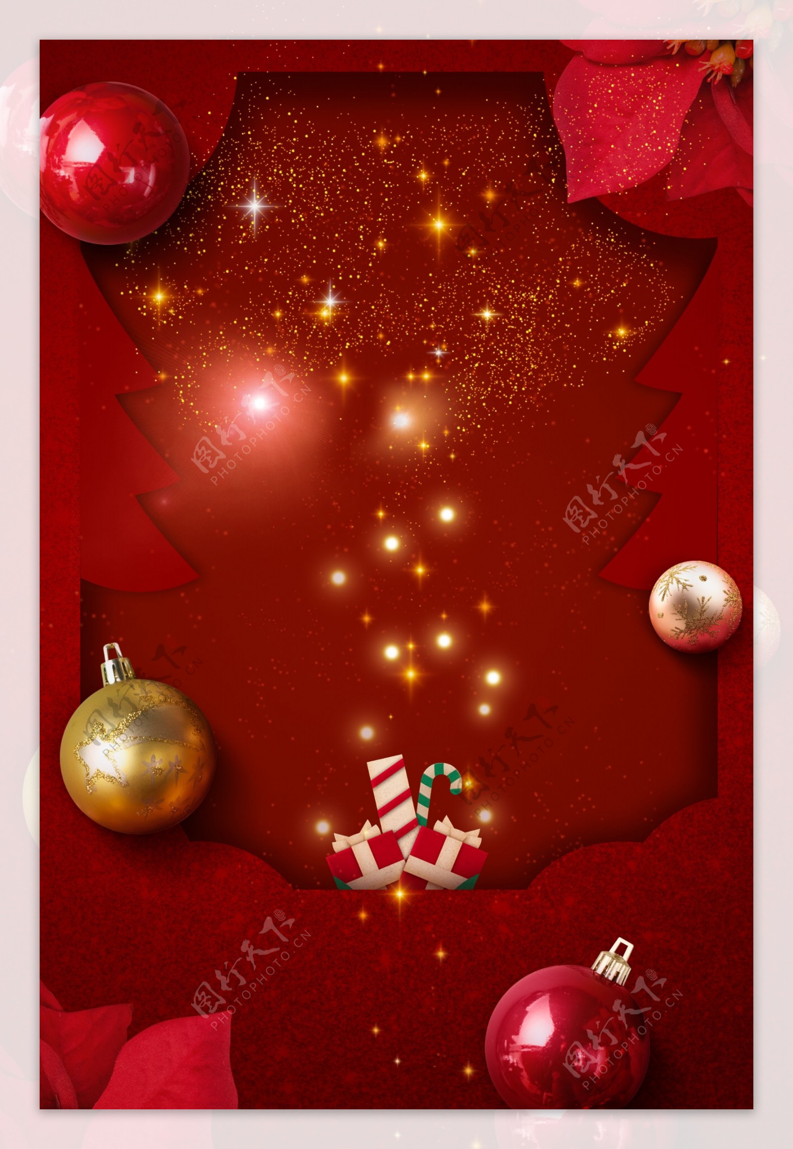 圣诞节西方文化新年红色剪纸风背景