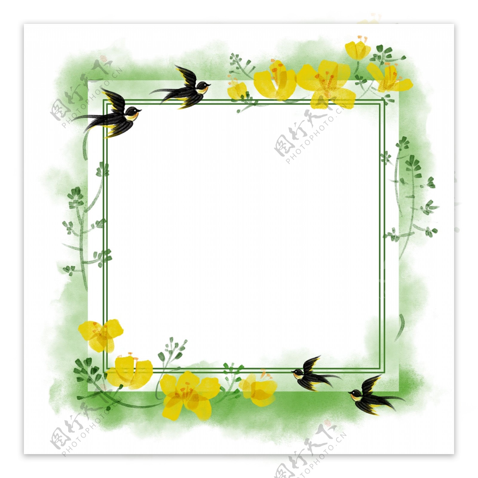 春季油菜花绿植燕子花鸟方形边框
