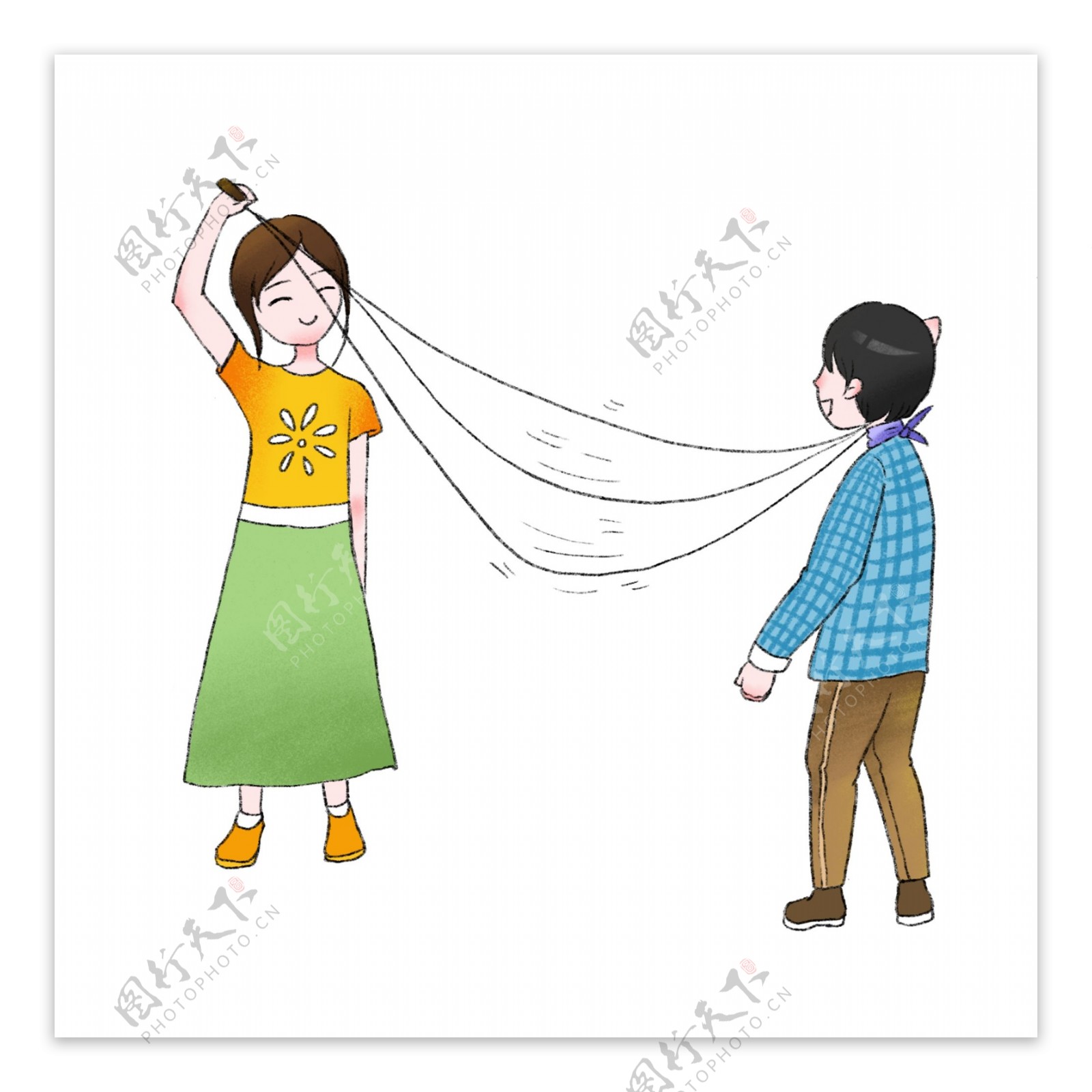 卡通手绘男孩和女孩开心玩跳绳
