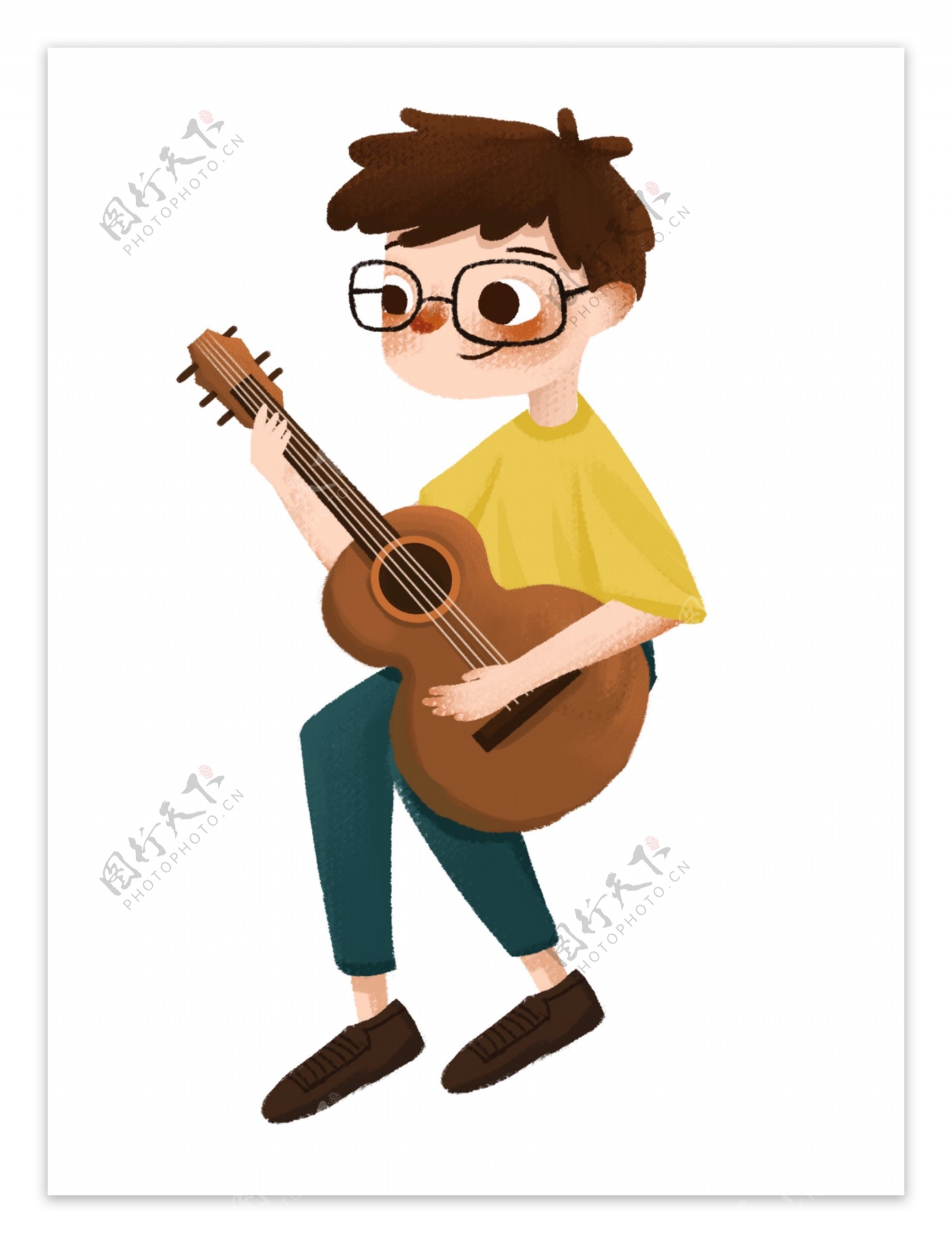 手绘卡通抱着吉他的小男孩元素