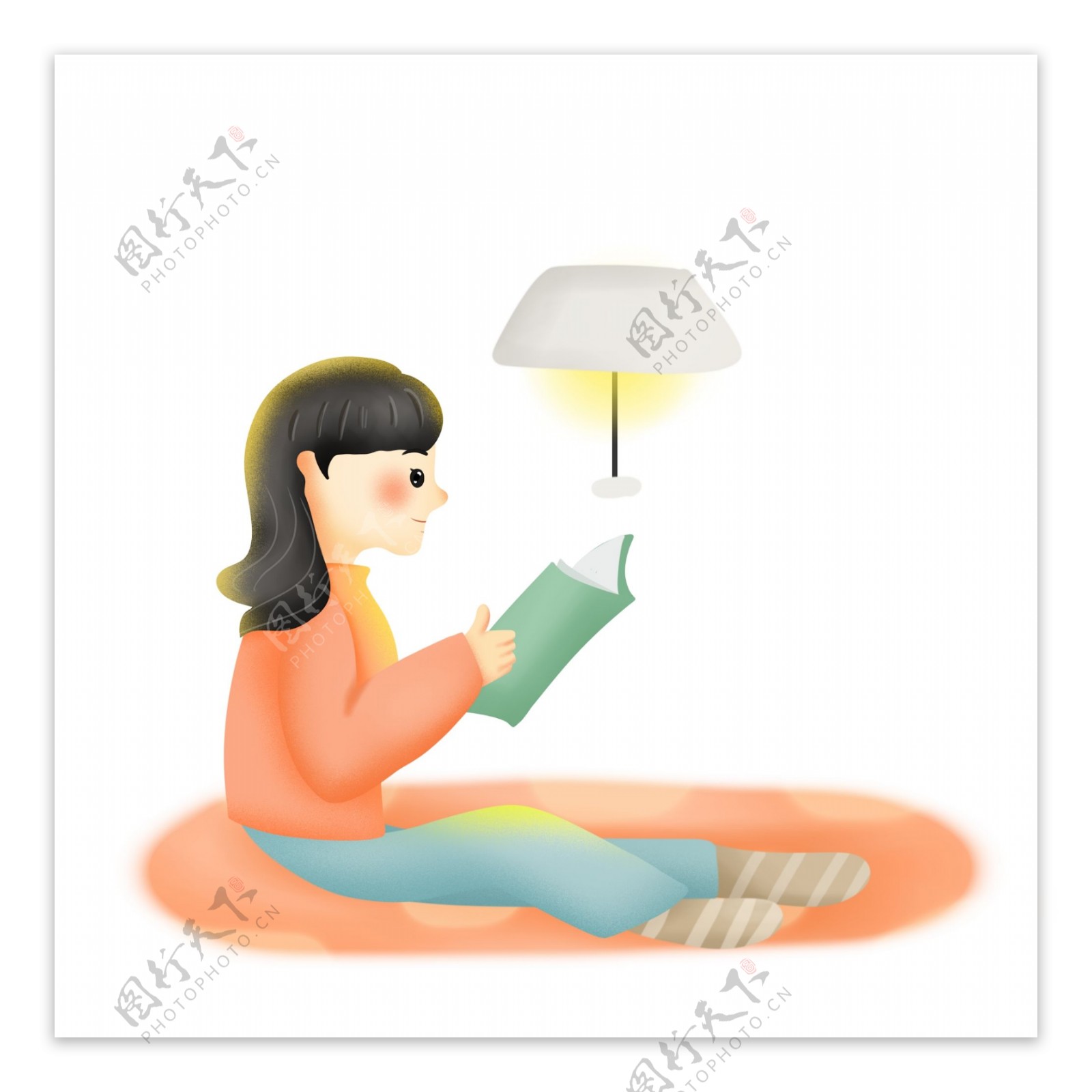 坐在台灯下读书的女孩